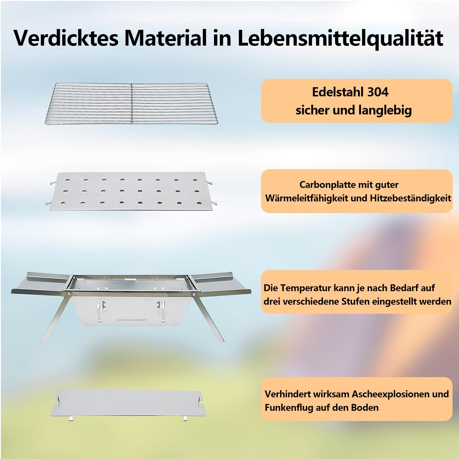 Barbecue au charbon de bois, portable, pliable, en acier inoxydable, mini barbecue réglable pour l'extérieur, le camping, la terrasse, le barbecue, les fêtes - Argenté (17,13" x 8,86" x 1,57")