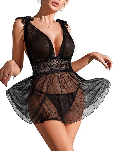 Lilosy Sexy Polka Dots Mesh Sheer Lace Babydoll Chemise Lingerie Set Floral Lace Sleep Wear - 3X-Large - Yellow