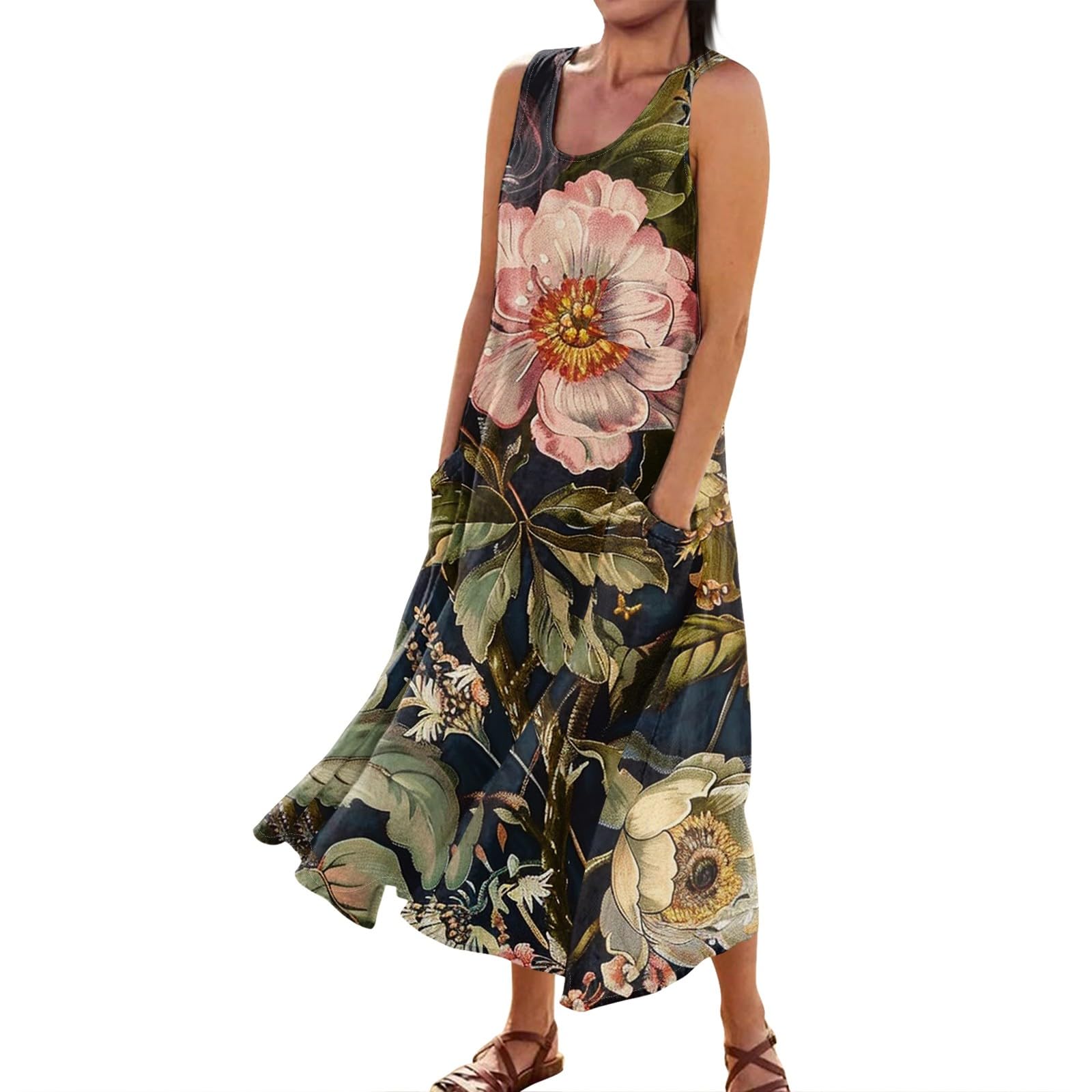 Femme Robe Longue Imprimé Floral Maxi Robe Bohème avec Poches sans Manches Grande Taille Pas Cher Chic éLégant Robe Fluide Tailles S à 3XL