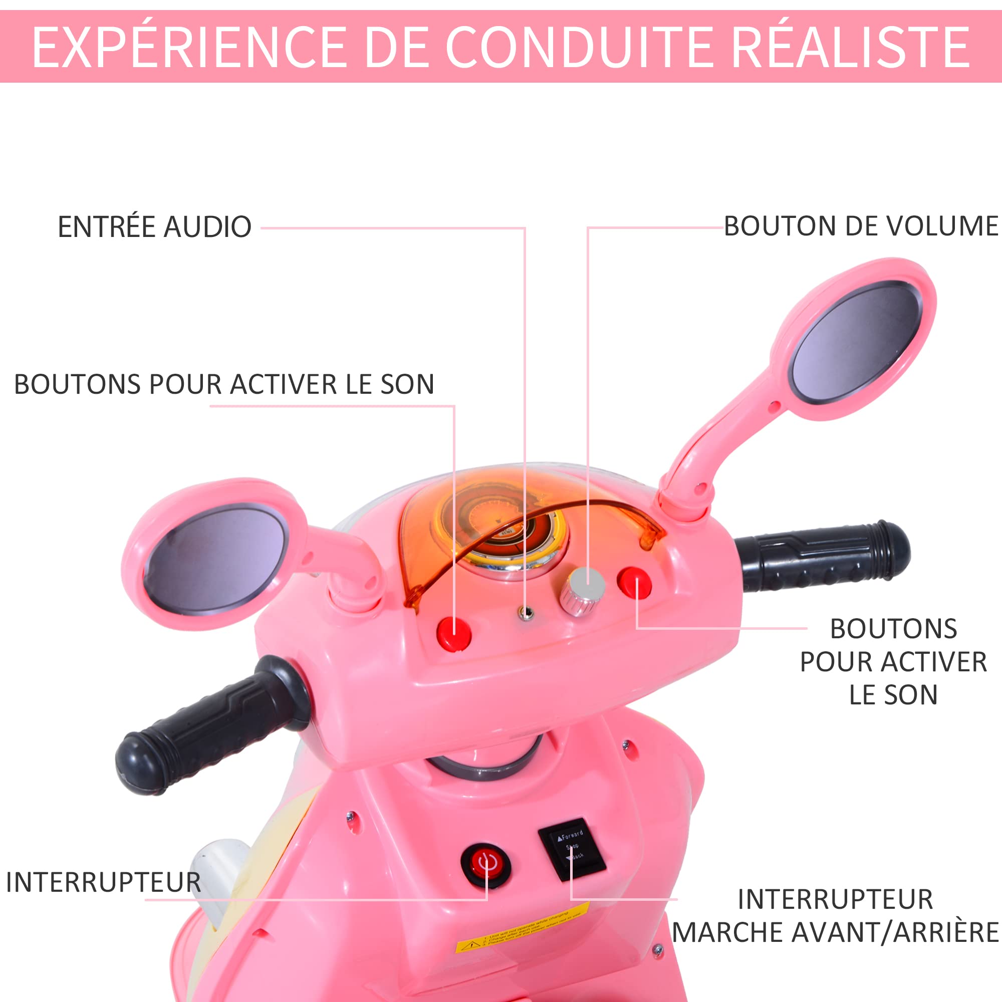 HOMCOM® Scooter Électrique 6 V pour Enfant 108 x 51 x 75 cm Rose/Blanc | 3 Ans, Métal + Polypropylène