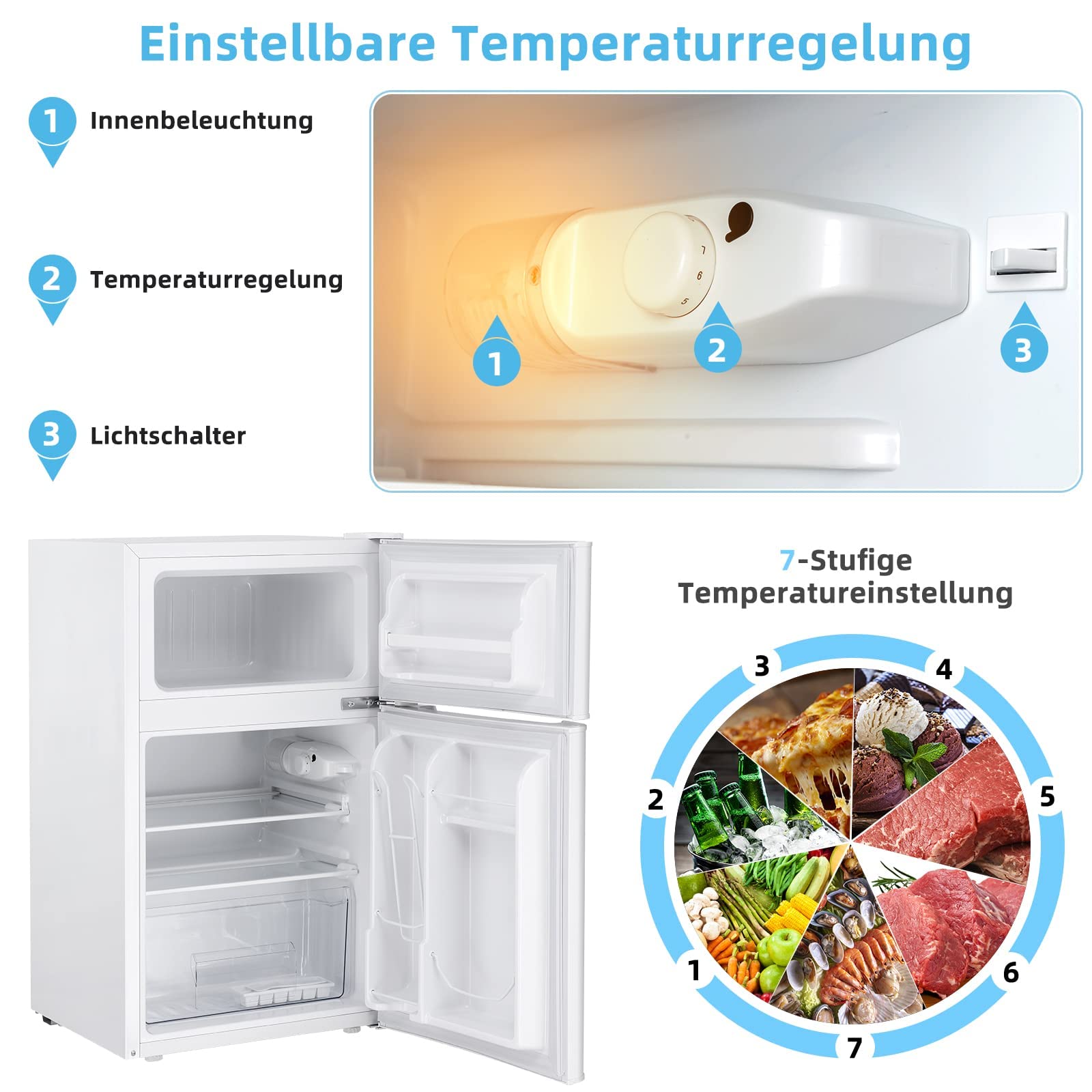 FANTASK 90L Kühlschrank mit 27L Gefrierfach Kühl-Gefrier-Kombination Standkühlschrank Gefrierschrank mini Kühlschrank (weiß) [Energieklasse E]