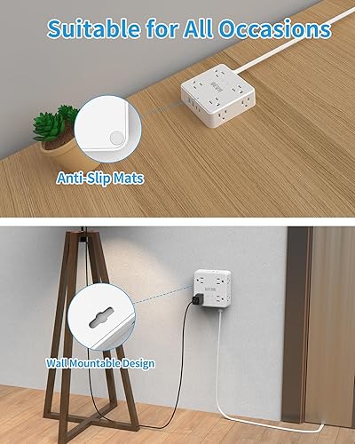 Miniatura 7 de Regleta protectora de sobretensiones, cable de extensión de enchufe plano de 5 pies con múltiples tomas, 8 extensores de salida amplia y 4 puertos