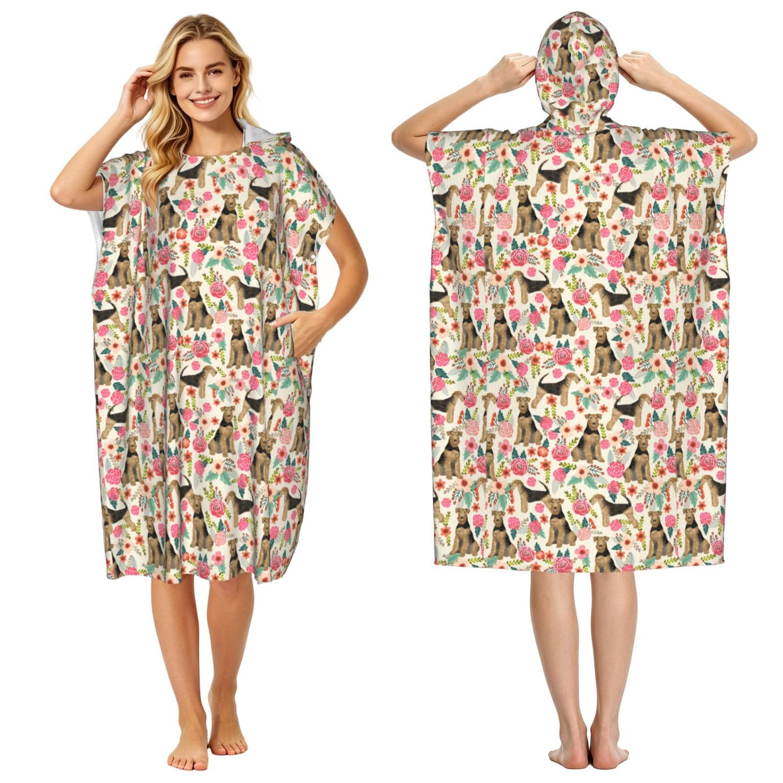 Poadnly Airedale Terrier Floral Print, Adult Hooded Beach Towel 90 x 110 cm,Changing Bath Robe, Surf Poncho Towel For Women Men