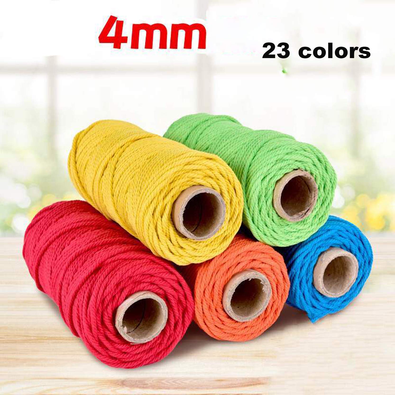 Seil, Nylonseil, Makramee-Baumwollschnur, 4 mm, bunt, natürliches Makramee-Baumwollfadenseil, weich, 100 m, Makramee-Schnur for Pflanzenaufhänger, Wandbehang, Stricken, DIY, Basteln, Anfänger, A-4 mm