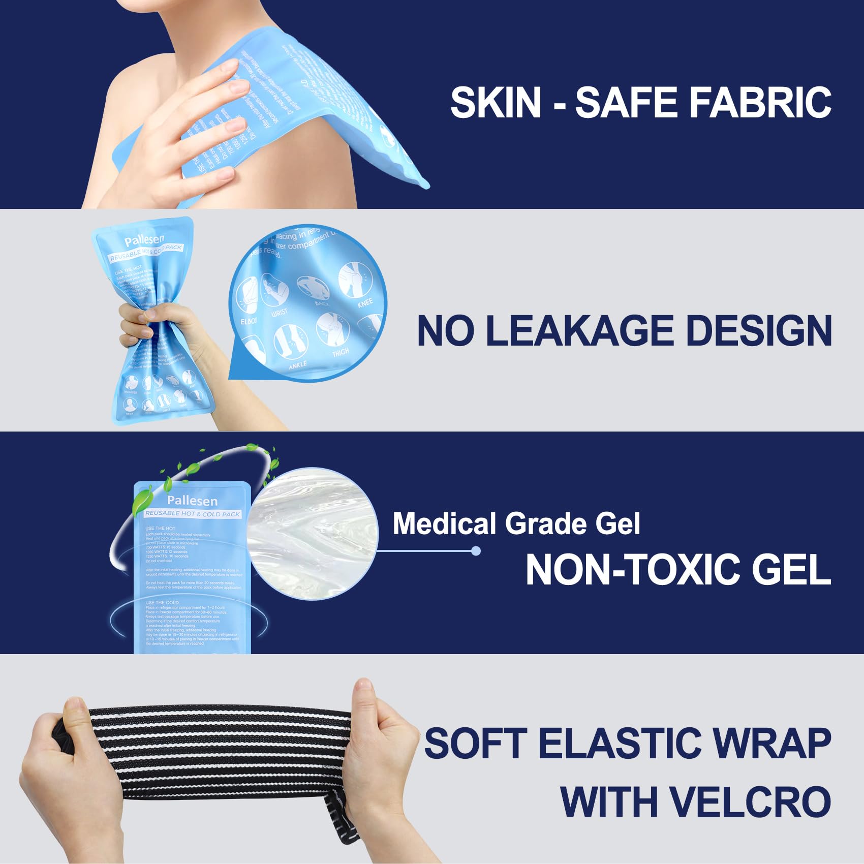 Pallesen Confezione da 2 confezioni di ghiaccio in gel riutilizzabile per caldo e freddo, soluzione terapeutica per infortuni, regolabile e flessibile per ginocchia, schiena, spalle, braccia, gambe -
