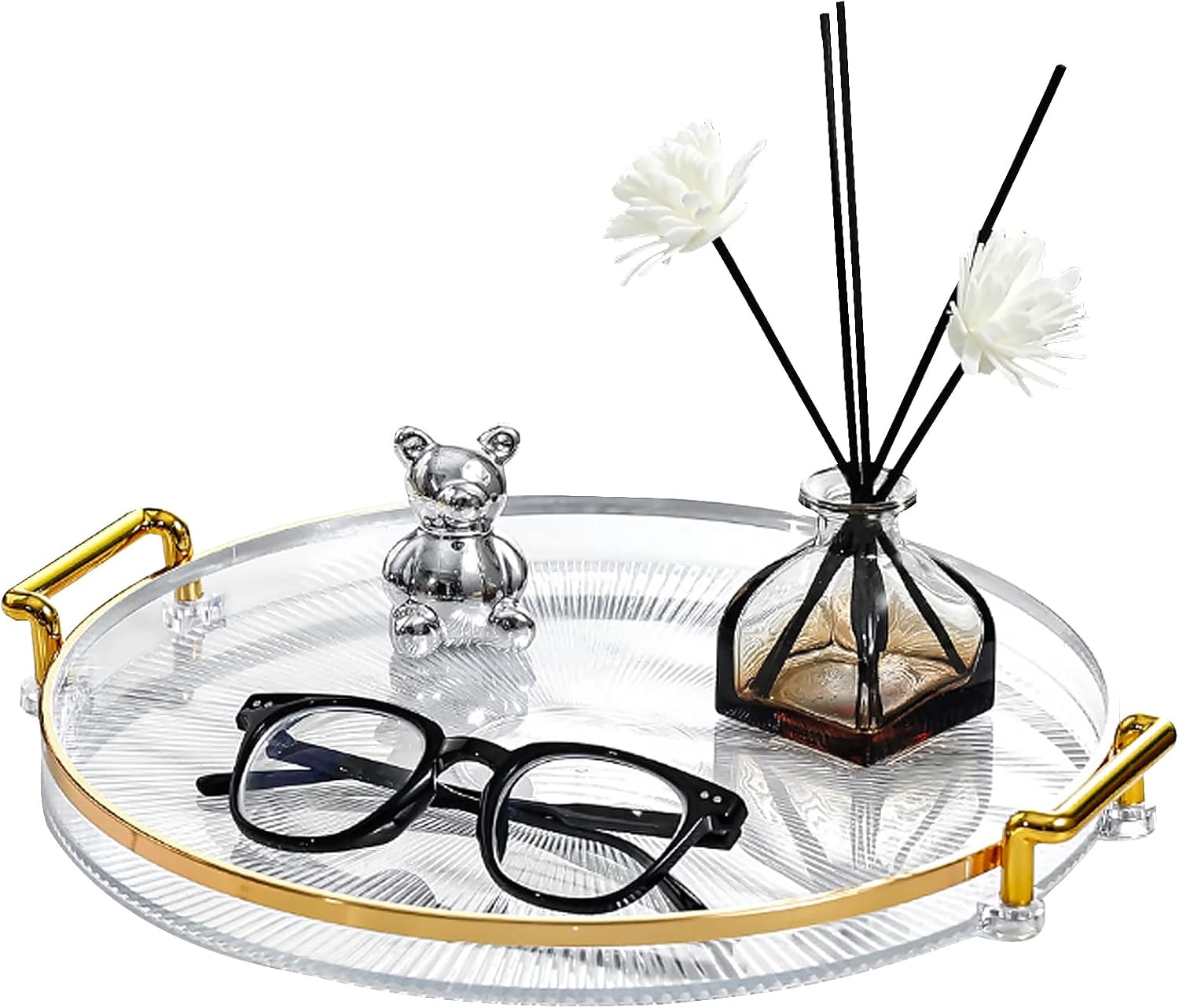 DIYARTS Serving Tray with Golden Handles, Acrylic Decorative Tray Round