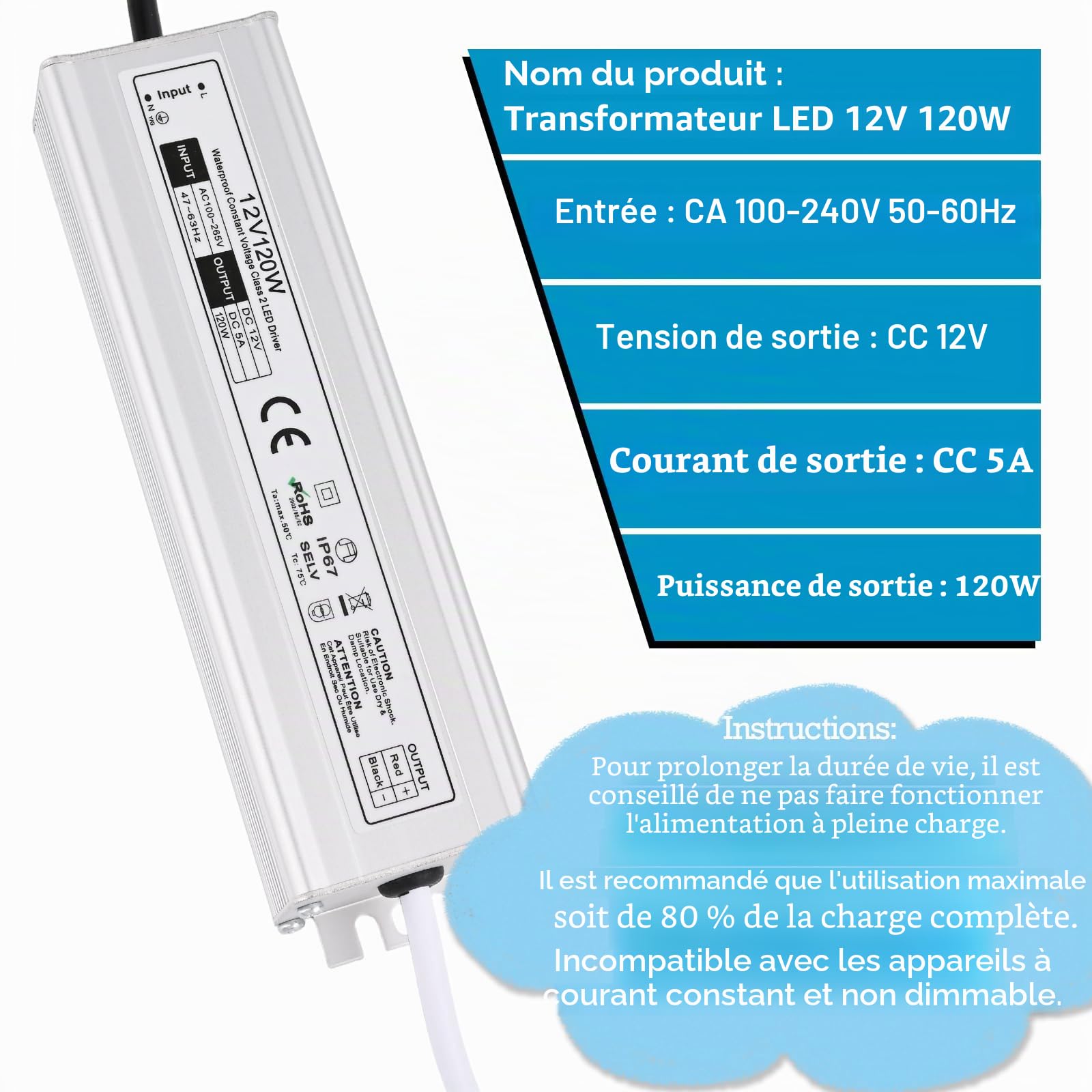 Gerbala LED Transformateur 220V 12V 120W 5A, Extérieur Etanche IP67 Transformer, Power Supply, Convertisseur AC 220V vers DC 12 V, Transfo Adaptateur pour Bandes, Lampes et Projecteurs