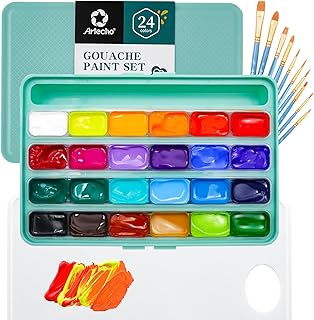 Artecho Gouache Paint Set, 24 Colors ( 30ml / 1oz ) with 10 Paint Brushes & a Color Palette, Non-Toxic, Acrylic Paint for Acrylic Gouache on Canvas, Painting Paper, Fabric, Interior Art - Professional Art Supplies for Artists, Students, Beginners, and Adults