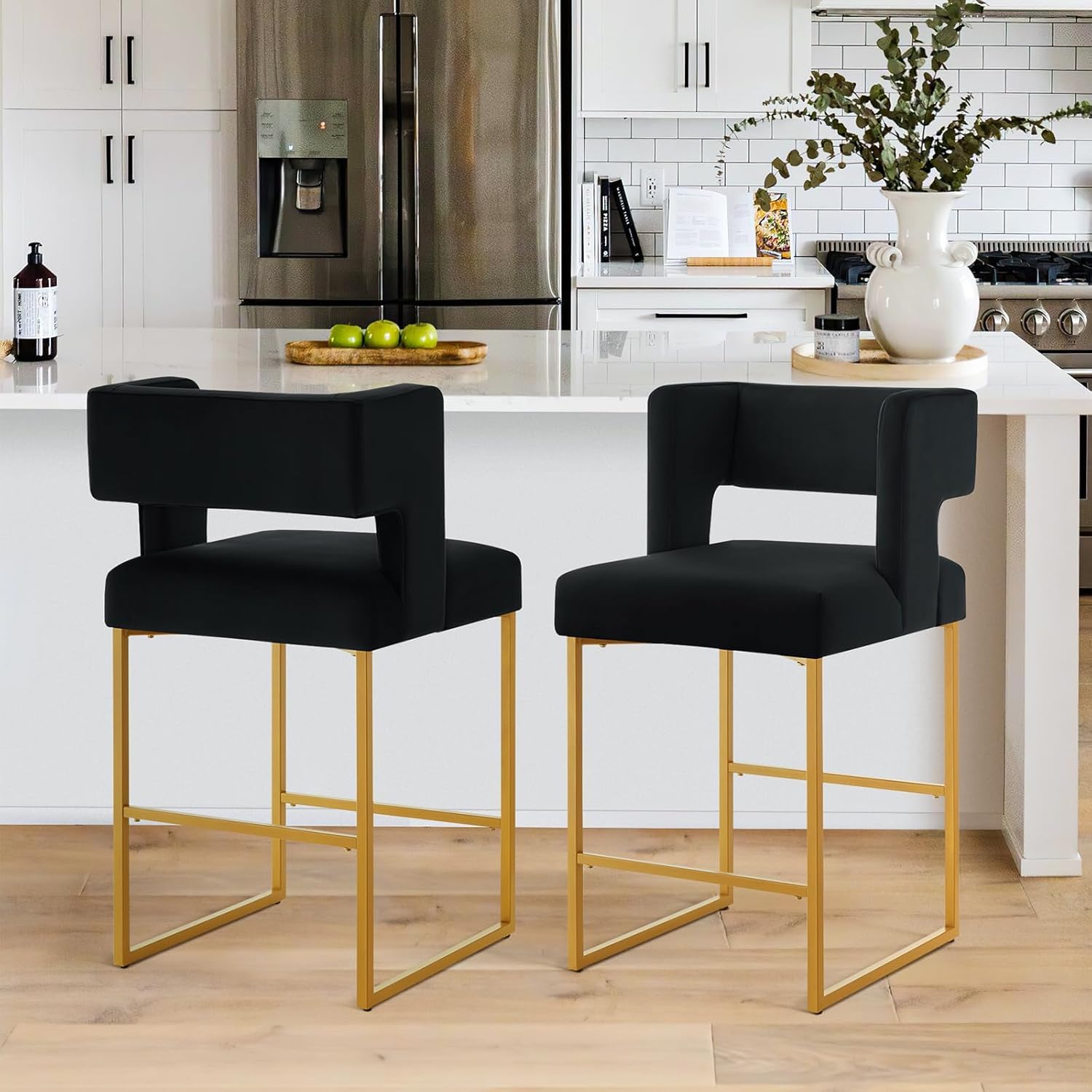 Lecut 26" H Counter Height Bar Stools Set of 2, Modern Velvet Barstools with Square Open Backrest and Gold Metal Frame, Kitchen Counter Stools for