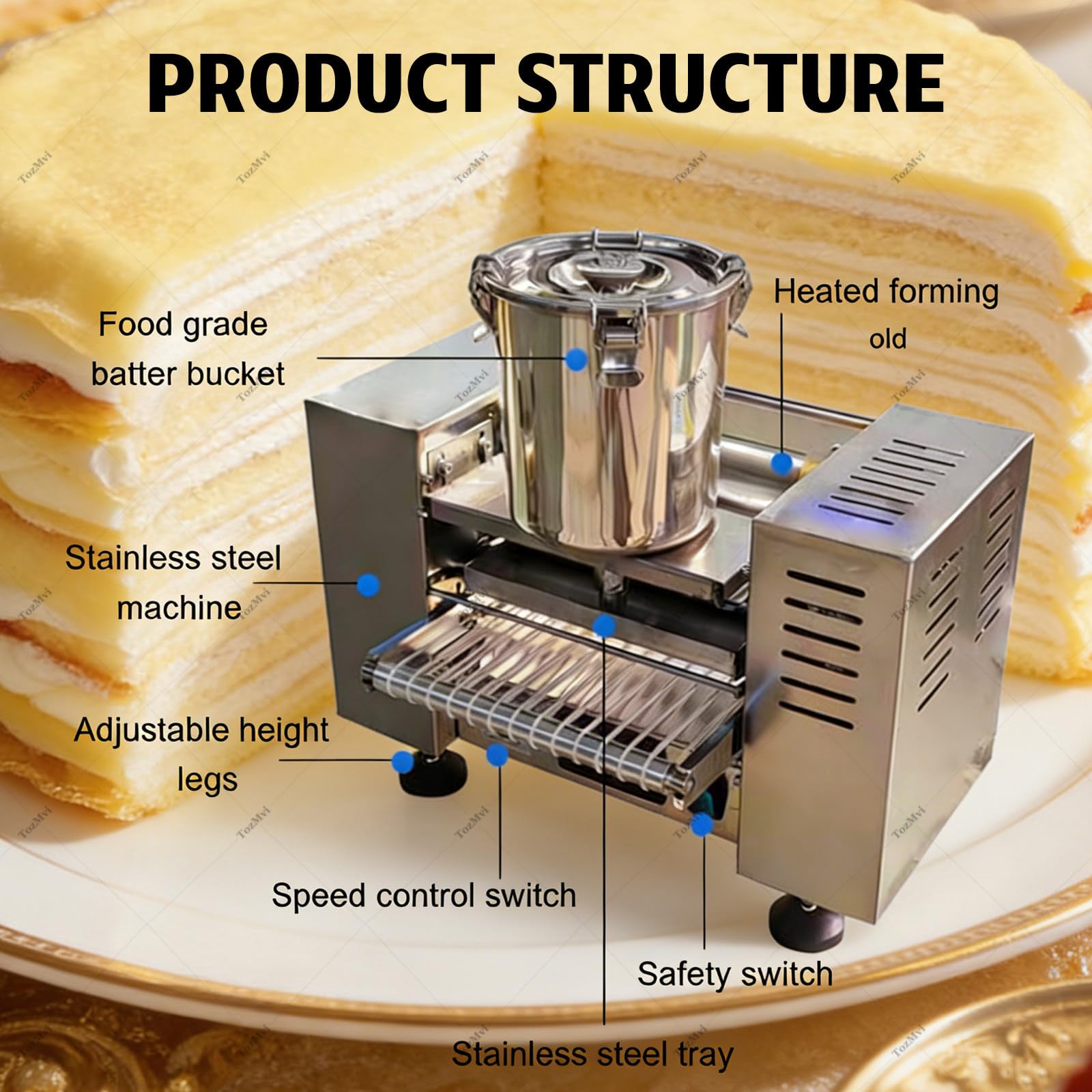 Macchina Professionale Automatica per La Preparazione di Torte Mille Crepe, Macchina per Sfoglie di Uova a Mille Strati E Macchina per Basi di crêpe, Diametro: Stampi da 6"/8" 8in