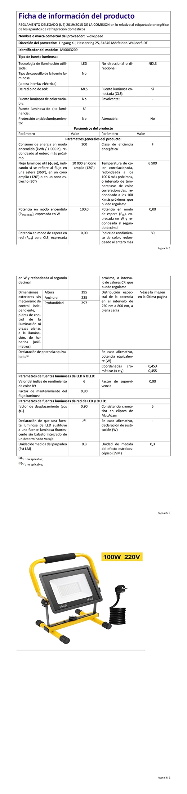 Faretto LED da costruzione, 100 W, 10000 lm, 6500 K, bianco freddo, con spina, IP66, impermeabile, cavo 3 m, per officina, cantiere, garage