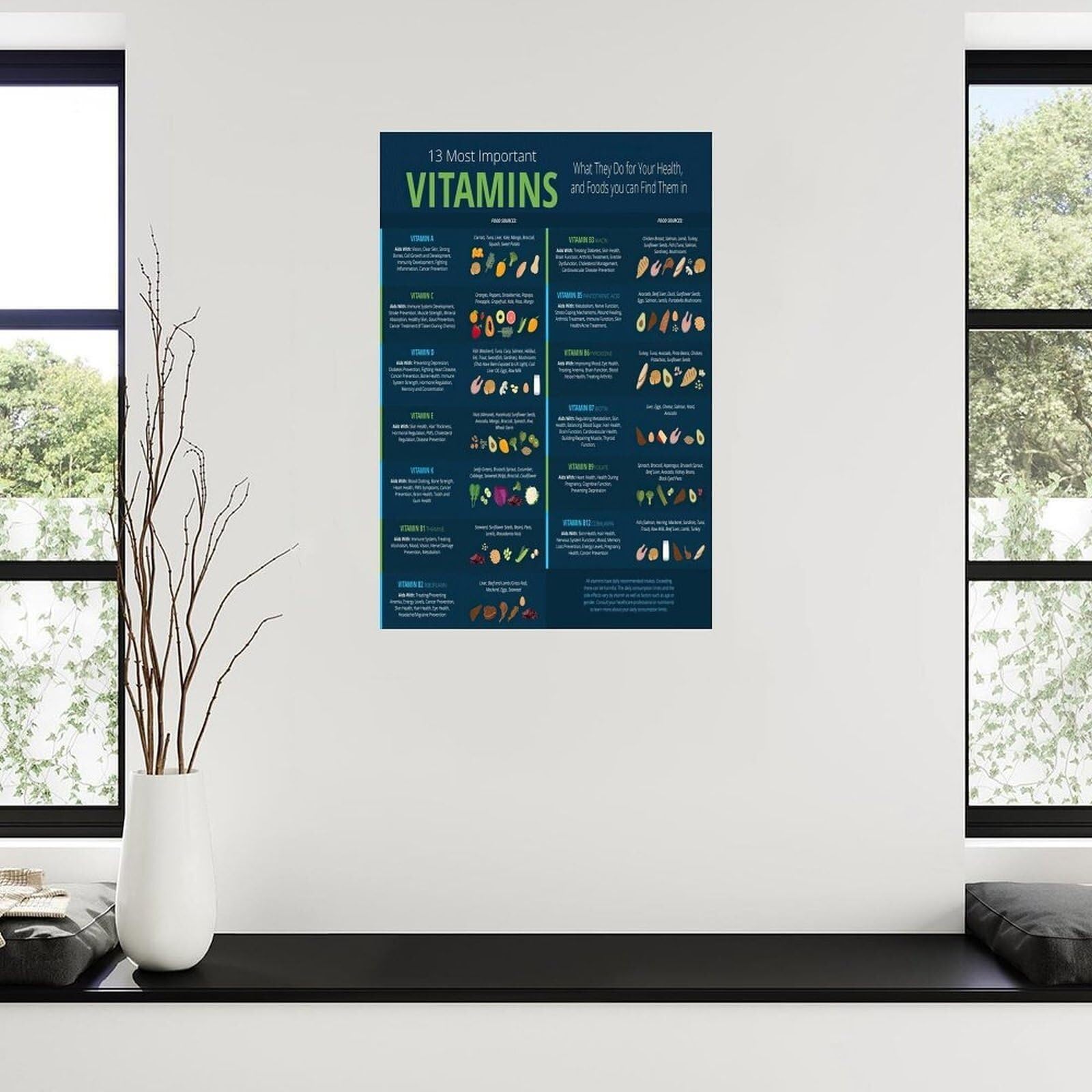 BIANMTSW Plakat Nauka o witaminach, wizualna nauka na płótnie do klasy biologii, studia wellness, do nauki w domu, oprawiony, 30 x 45 cm