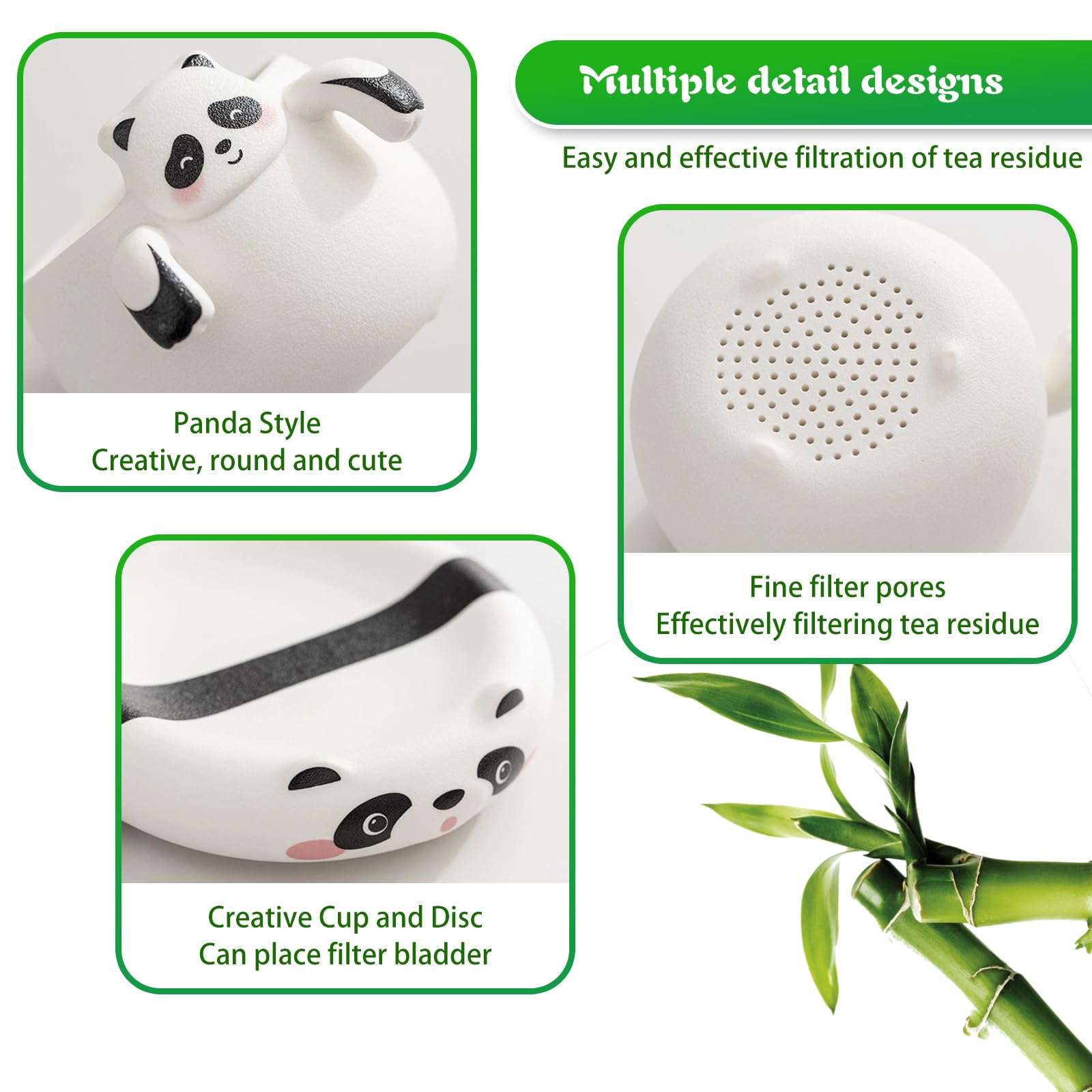 OHAANYY Juego de tazas de té de panda, taza de té y café de cerámica con colador, platillo y cuchara, divertida taza de animales con separador de té, 240 ml, regalo creativo para mujeres (verde y