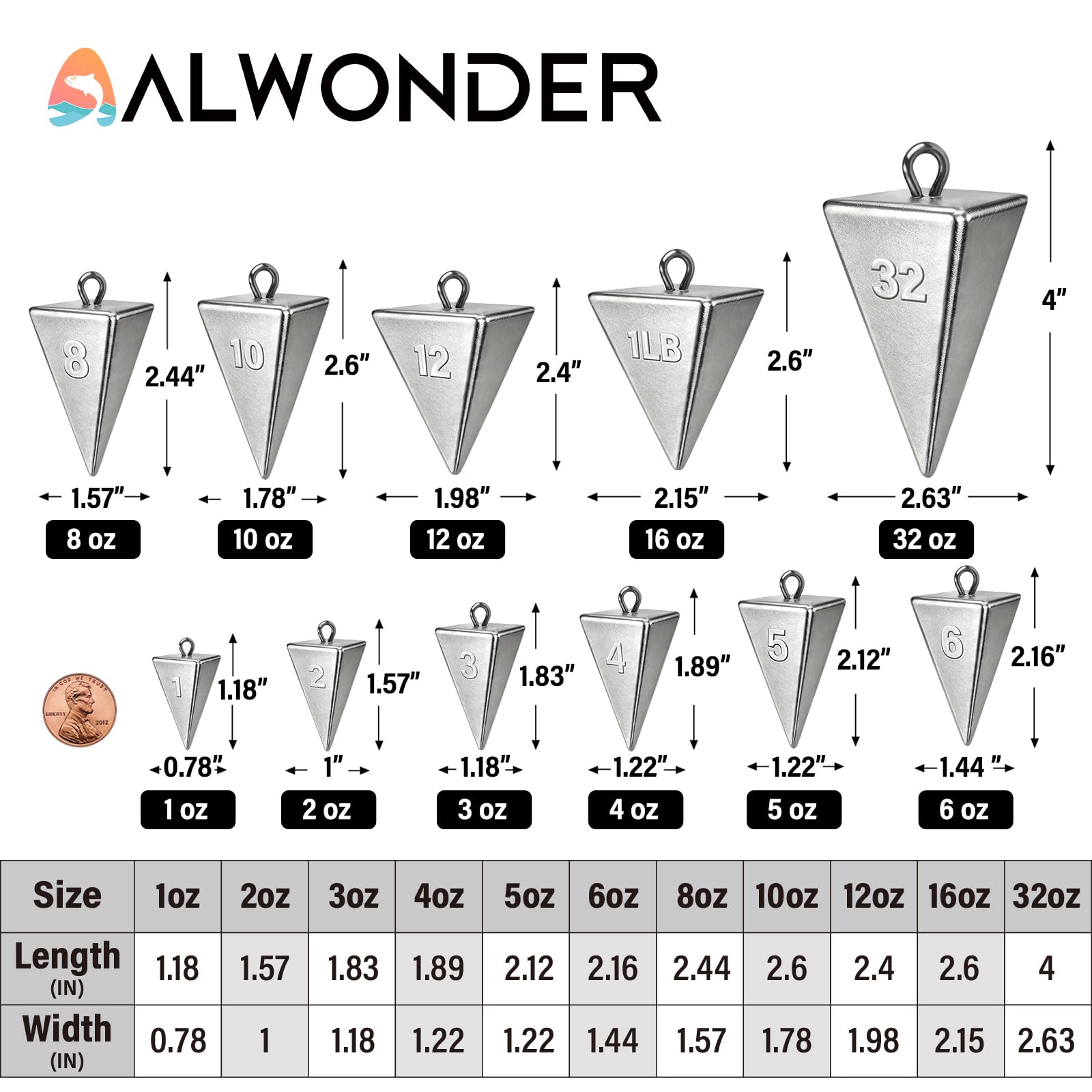 Alwonder Pyramid Sinkers Angelgewichte, Angelblei, Salzwasser, Süßwasser, Blei, Angelgewicht, Sinker für Ozean, Brandung, Angelausrüstung, Welsausrüstung, 28,3 g, 3,5 g, 85 g, 113,4 g, 141,7 g, 170 g,