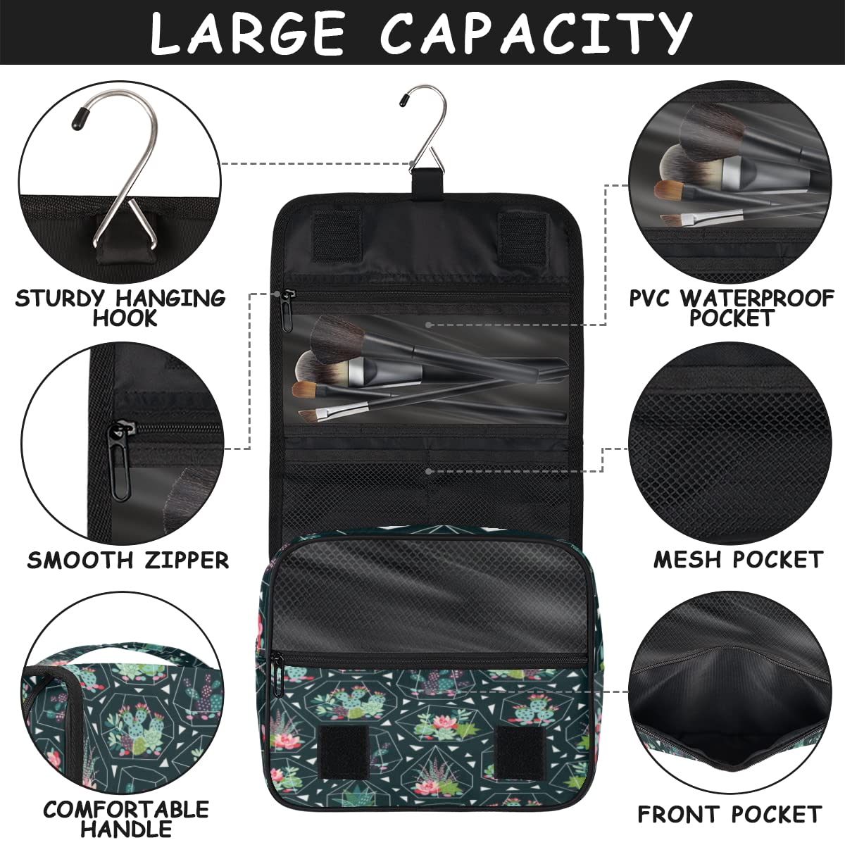Kaktus Podróżna kosmetyczka Kaktus Kwiat Mycie Torba Unisex Wiszące przybory toaletowe Kosmetyczka Organizer do makijażu, wielobarwny, Jeden rozmiar