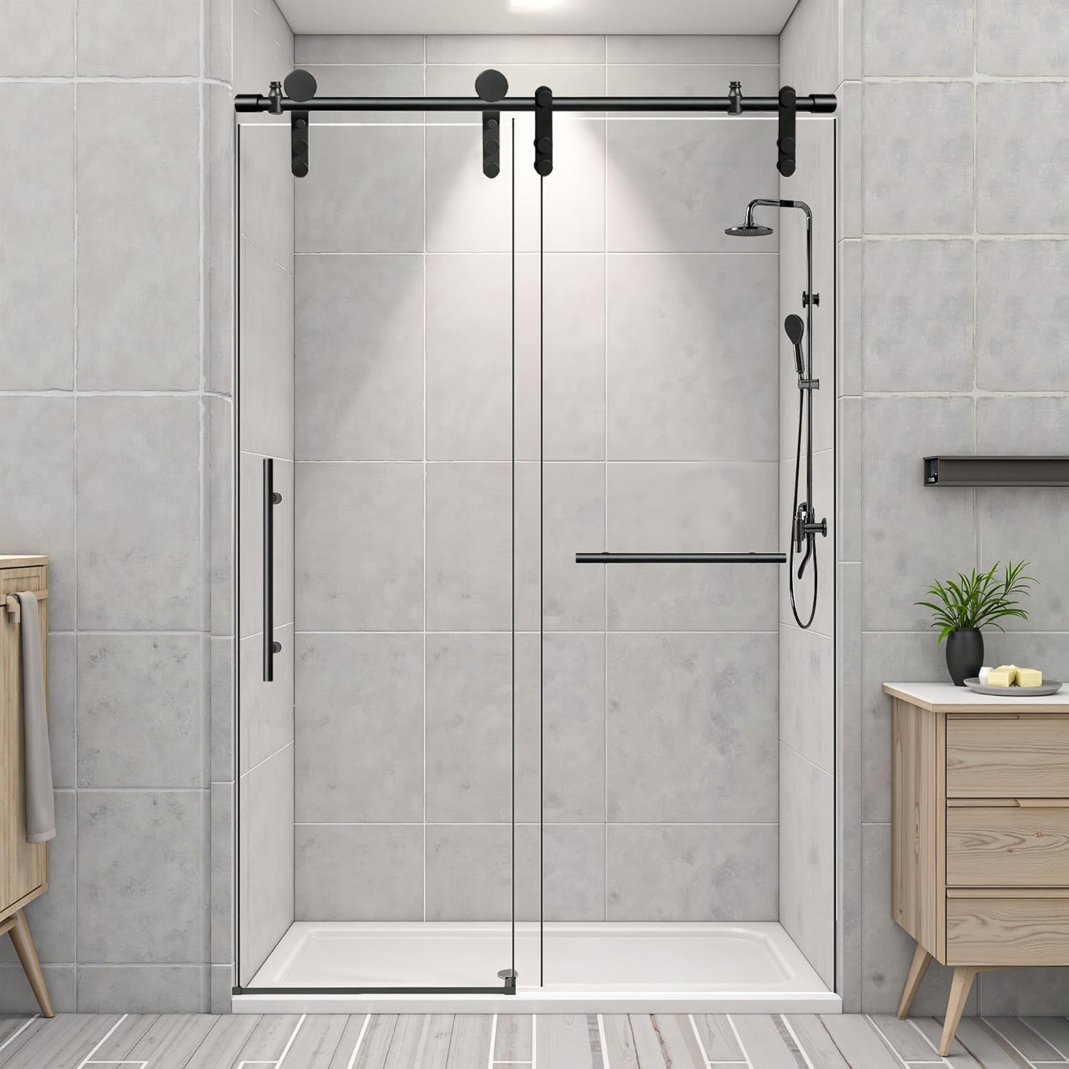 Frameless Shower Door 44-48" W x 76" H, 5/16" (8mm) Thick Sliding Glass Shower Door, ANSI-Certified Tempered Clear Glass and Stainless Steel Hardware,Easy Reversible DIY Set up, Matte Black 48"W x 76"H Matte Black