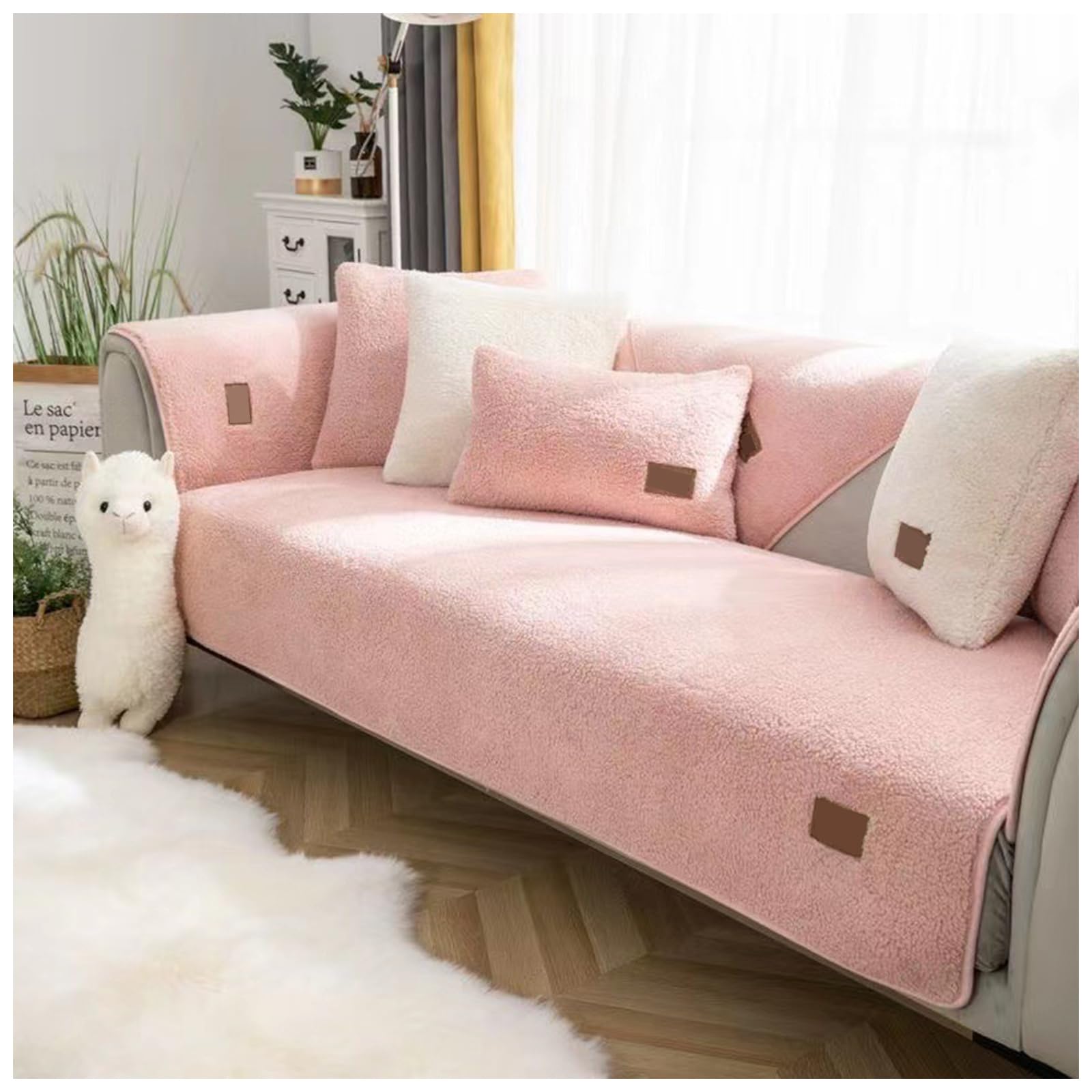 WIWIDANG Non Slip Sherpa Sofa Cover, Thick Fuzzy Fleece, Washable Sectional Couch Cover For Living Room (Pink, 90 * 120 cm/35.4 * 47.2 in)