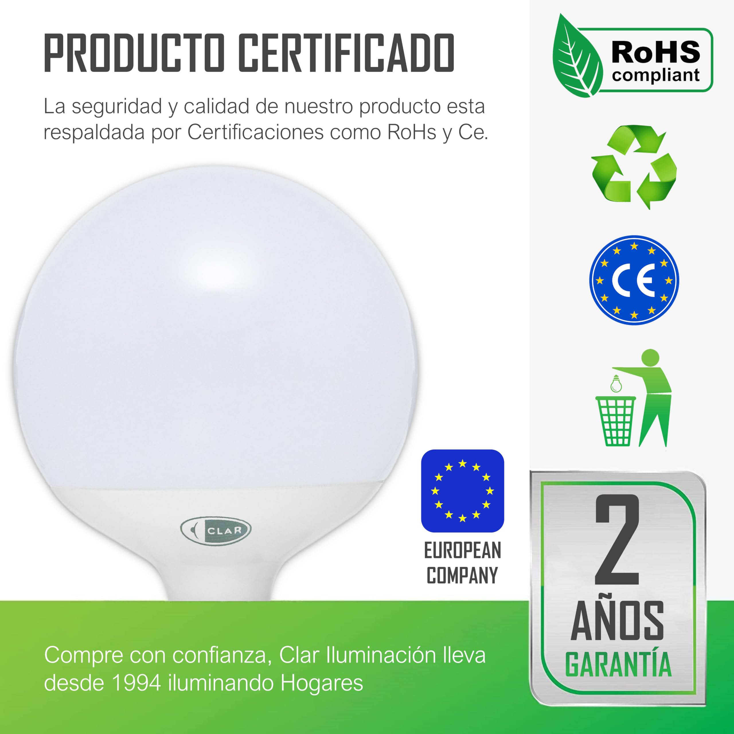 CLAR - Bombilla Globo E27, Bombilla Grande Globo, Diámetro 95 mm (G95), Bombilla No Regulable, Luz Calida 3000ºk (Pack 3)
