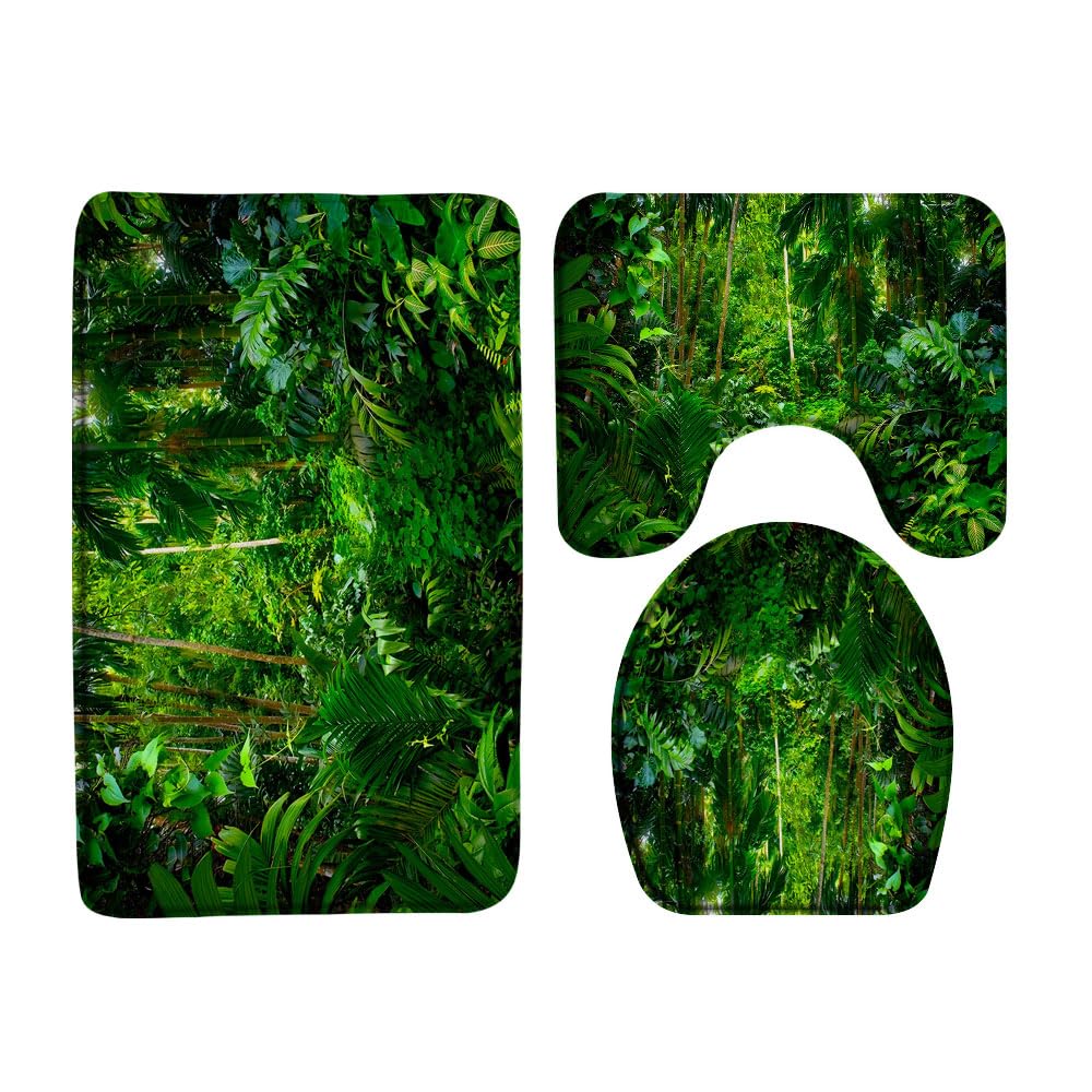 Tropical Rainforest 3 Pcs Bath Rugs Set,Green Palm Leaves Jungle Plnat Nature Landscape Lush Tree Forest Botanical Bathroom Kitchen Rug with 16