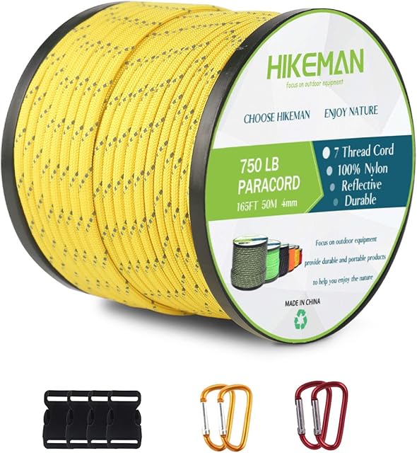 HIKEMAN Nylon 750Lb Paracord 4mm Cord - 50m Parachute Cord with 7 Wires,Multifunction Reflective Outdoor Survival para cord(Golden)