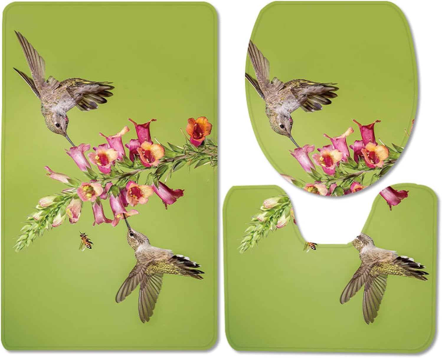 Set di tappetini da Bagno 3 Pezzi Rosa Fiore Uccello Antiscivolo per Bagno Tappeto Lavabile in Memory Foam Tappeto copriwater tappetini a Forma di U 50x80 cm