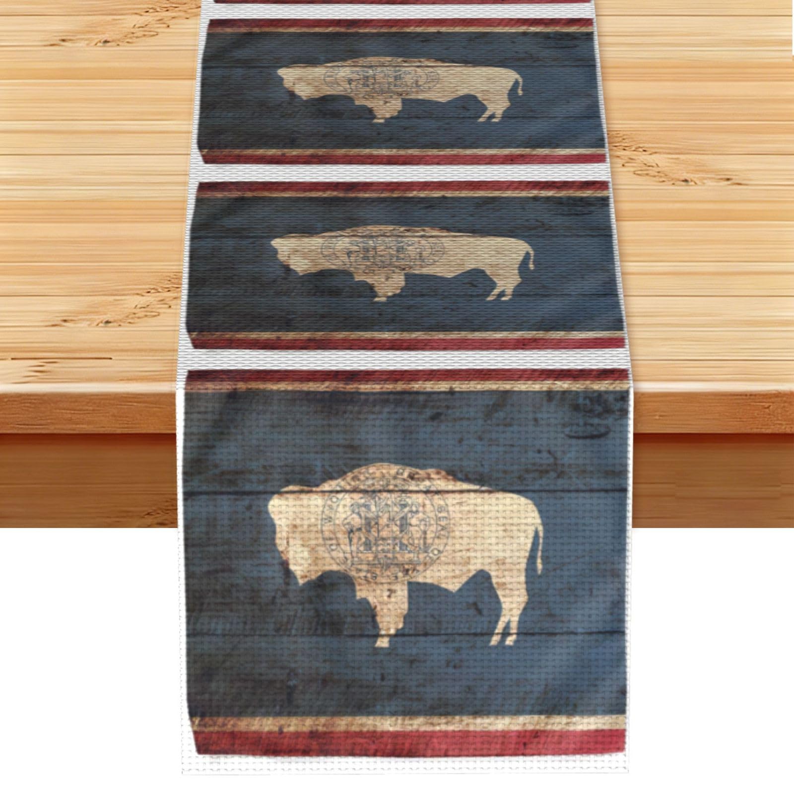 Wyoming State Flag Map Printed Table Runner 13 x 72, Wrinkle Resistant Decor for Dining Table Coffee Table Fireplace