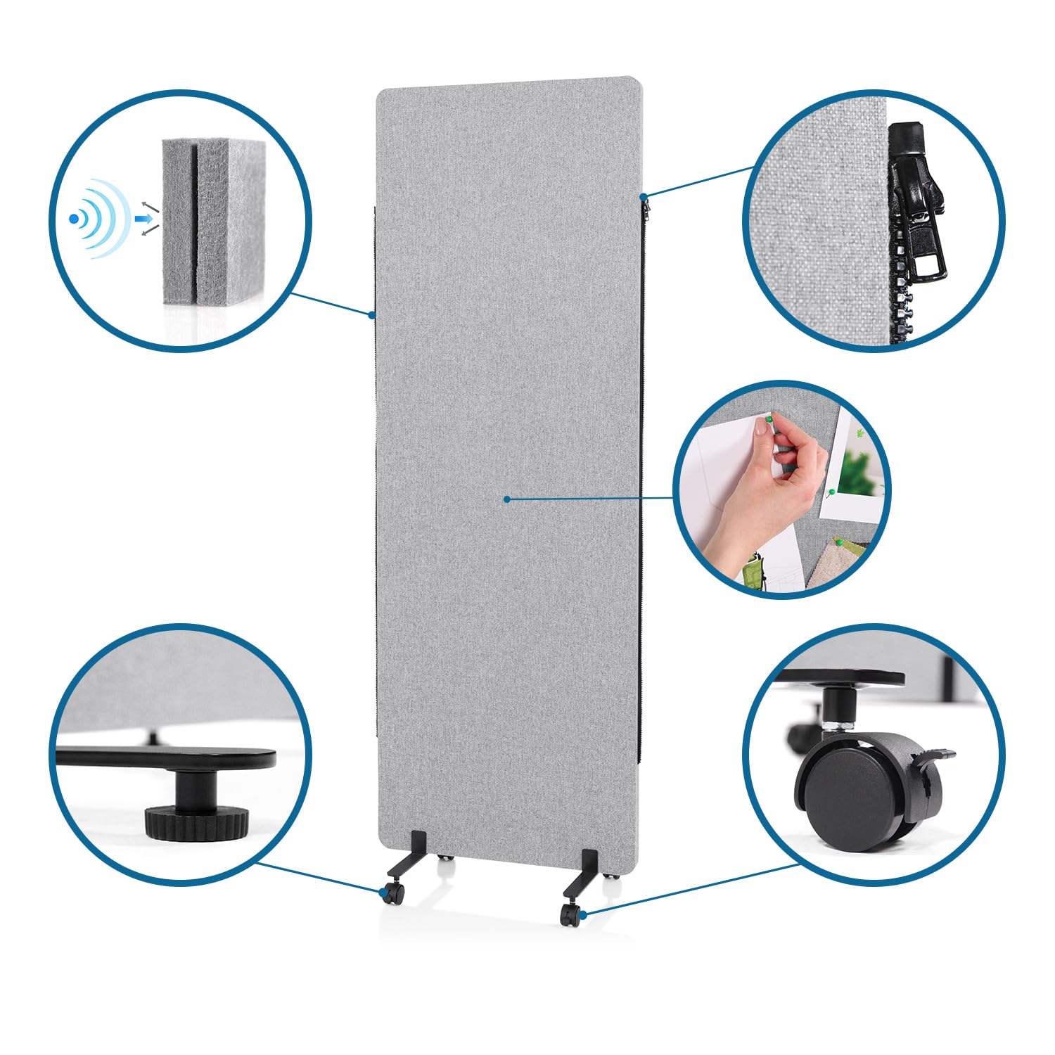 hjh OFFICE 891001 Cloison de Séparation Acoustique Mobiles FLEXMIUT 177 x 60 cm, Lot de 2, Paravent avec roulettes et Patins, Tissu Gris Clair