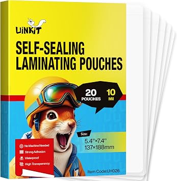 Uinkit 10Mil Self Sealing Double-Sided Laminating Pouches Photo 5" x7"