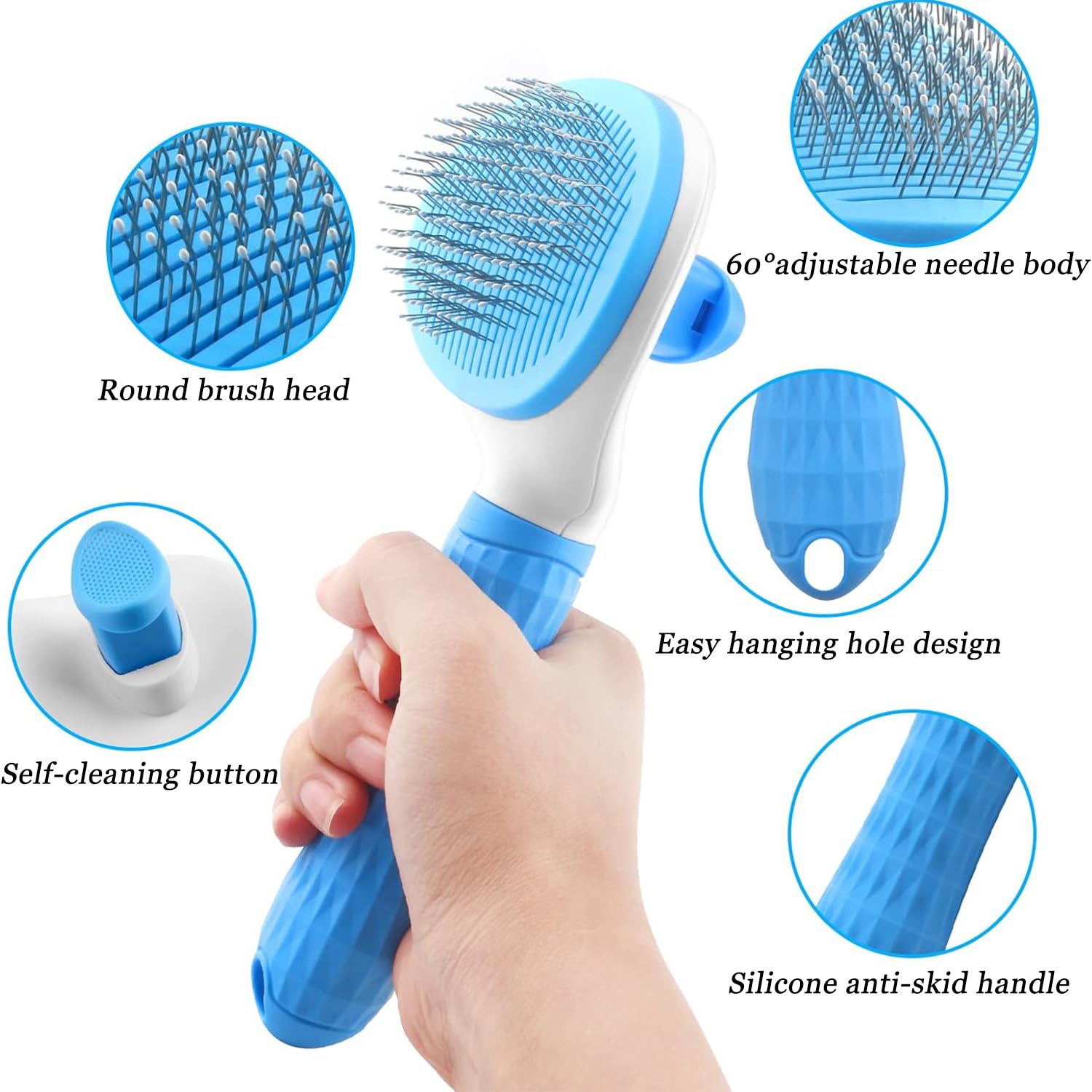 Dog Brush Grooming Comb Self Cleaning Slicker Brushes with Smooth handle Cat Grooming Tool with Cleaning Button for Shedding and Massage (Blue) - Image 3