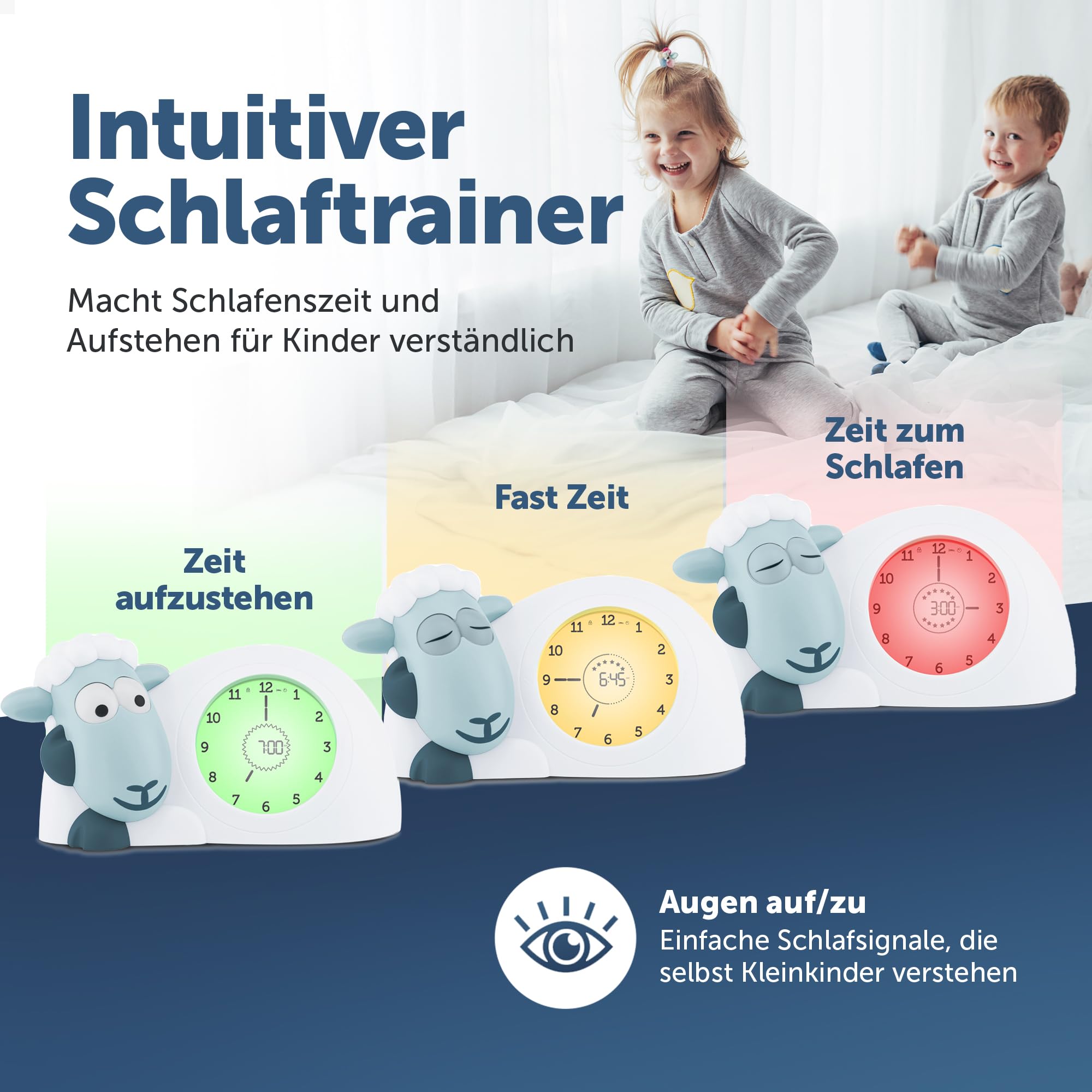 ZAZU Sam The Lamb Uhr – Schlafcoach Uhr und Nachtlicht für Kinder | Bringt Ihrem Kind mit visuellen Indikatoren bei, wann es aufwachen soll | Einstellbare Helligkeit | Automatische Abschaltung (Blau)