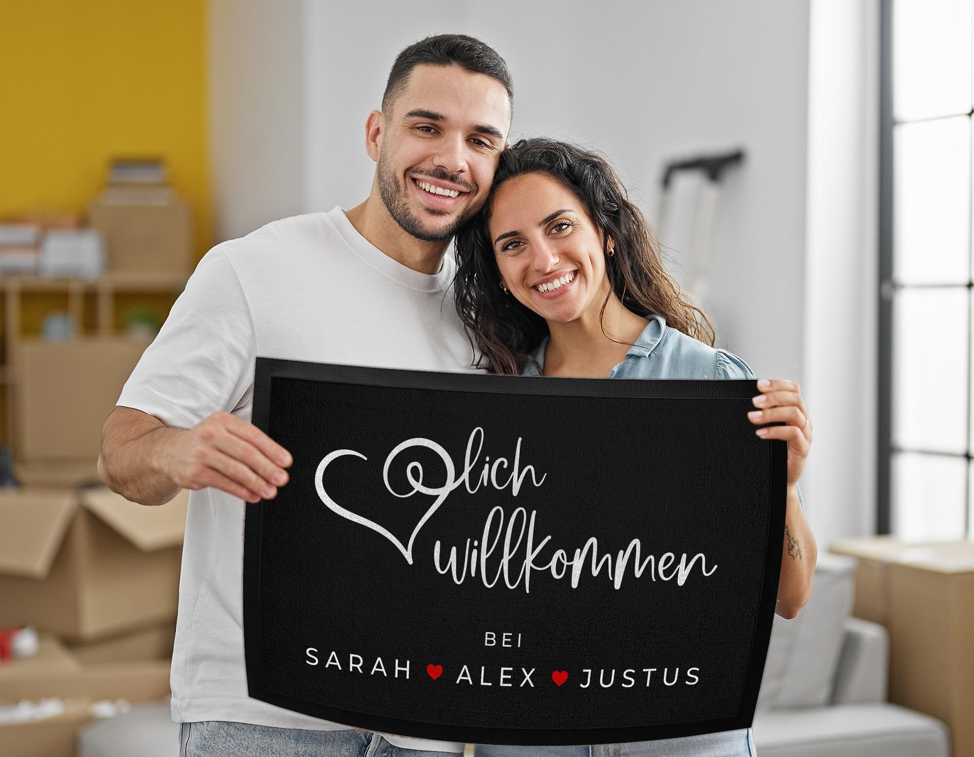 Personalisierte Fußmatte Herzlich Willkommen bis 120cm - personalisierte Türmatte Herzlich Willkommen bei Familie, Gummimatte dünn, Geschenk individuell gestaltet (90x60cm)