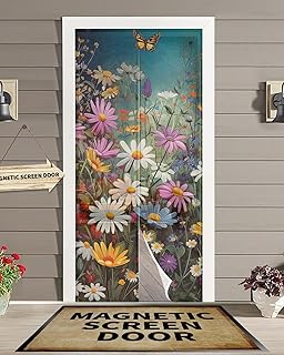 Hokiten Screen Door 38"x83" Spring Floral Door Screen Magnetic Closure, Colorful Daisy Summer Botanical Butterfly Hands Free Magnetic Screen Door for Single/Sliding/Front Door