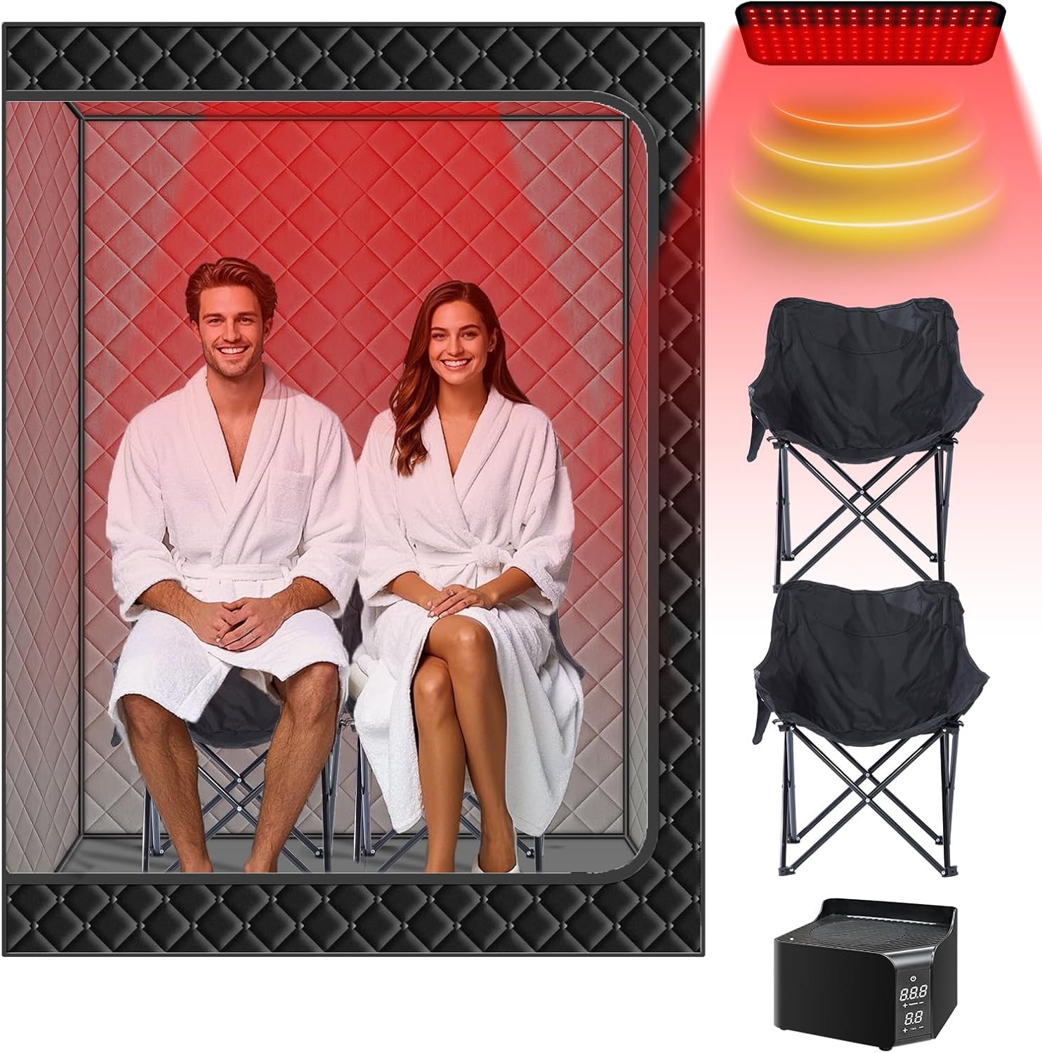 Smartmak 2 Person Portable Sauna Box with Infrared 660nm Red Light Therapy Lamp for Home Relaxation, Large Full Body Sauna Tent, 1500W High Power Hot Air Saunas Spa Pod, 2 Folding Chairs