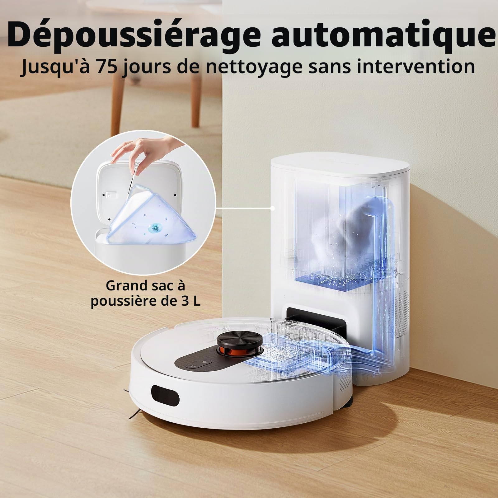 ROIDMI Eve Rook Robot Aspirateur Laveur avec Station de Vidage Automatique - 5000Pa Puissant 75 Jours de Nettoyage Mains Libres Navigation LiDAR Contrôle Via App Aleax pour Poils d’Animaux Tapis Sols