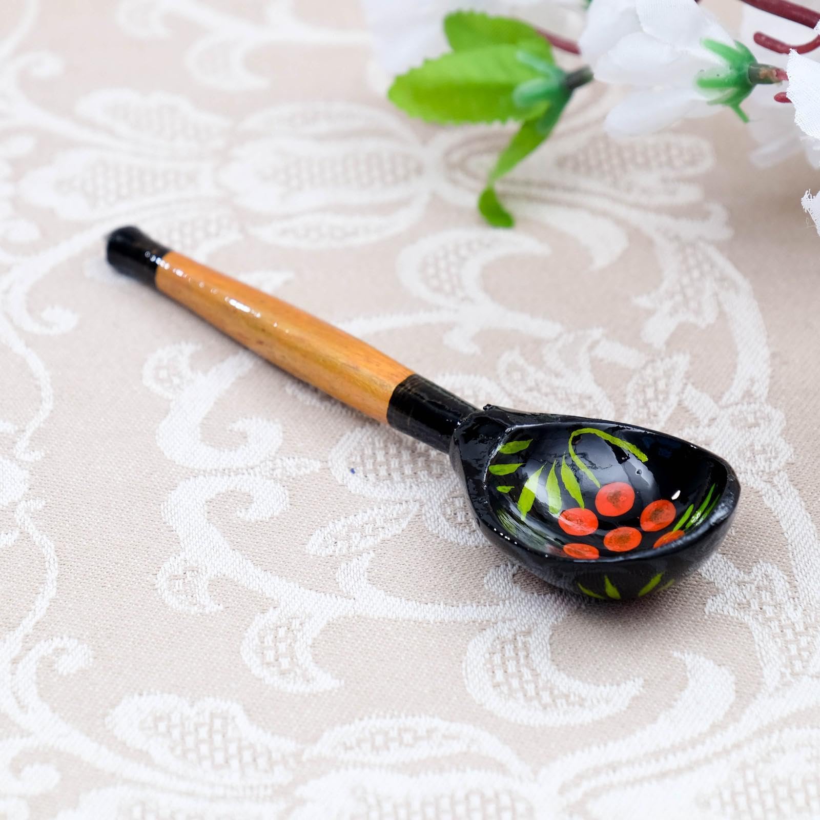 AEVVV Juego de 6 cucharas de madera rusas pintadas a mano Khokhloma tradicional eslavo estilo folclórico decoración rojo dorado negro abedul utensilios coleccionables