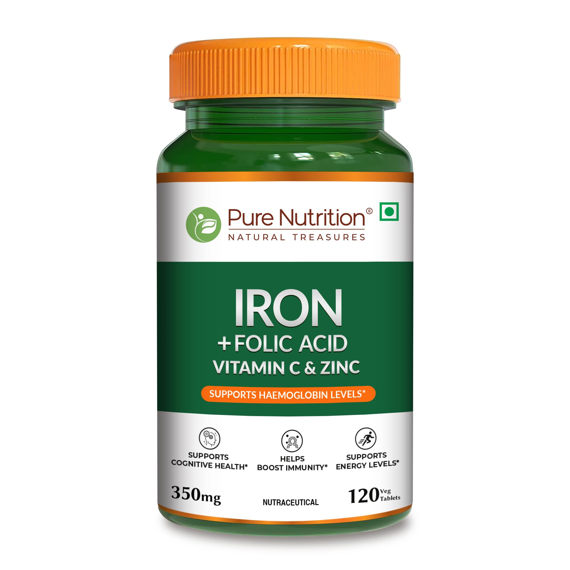 Pure Nutrition Iron Folic Acid Supplement - 120 Veg Tablets with Zinc, Vitamin C & Vitamin B12 for Men & Women | Supports Haemoglobin Production, Boosts Immunity & Maintains Iron Level