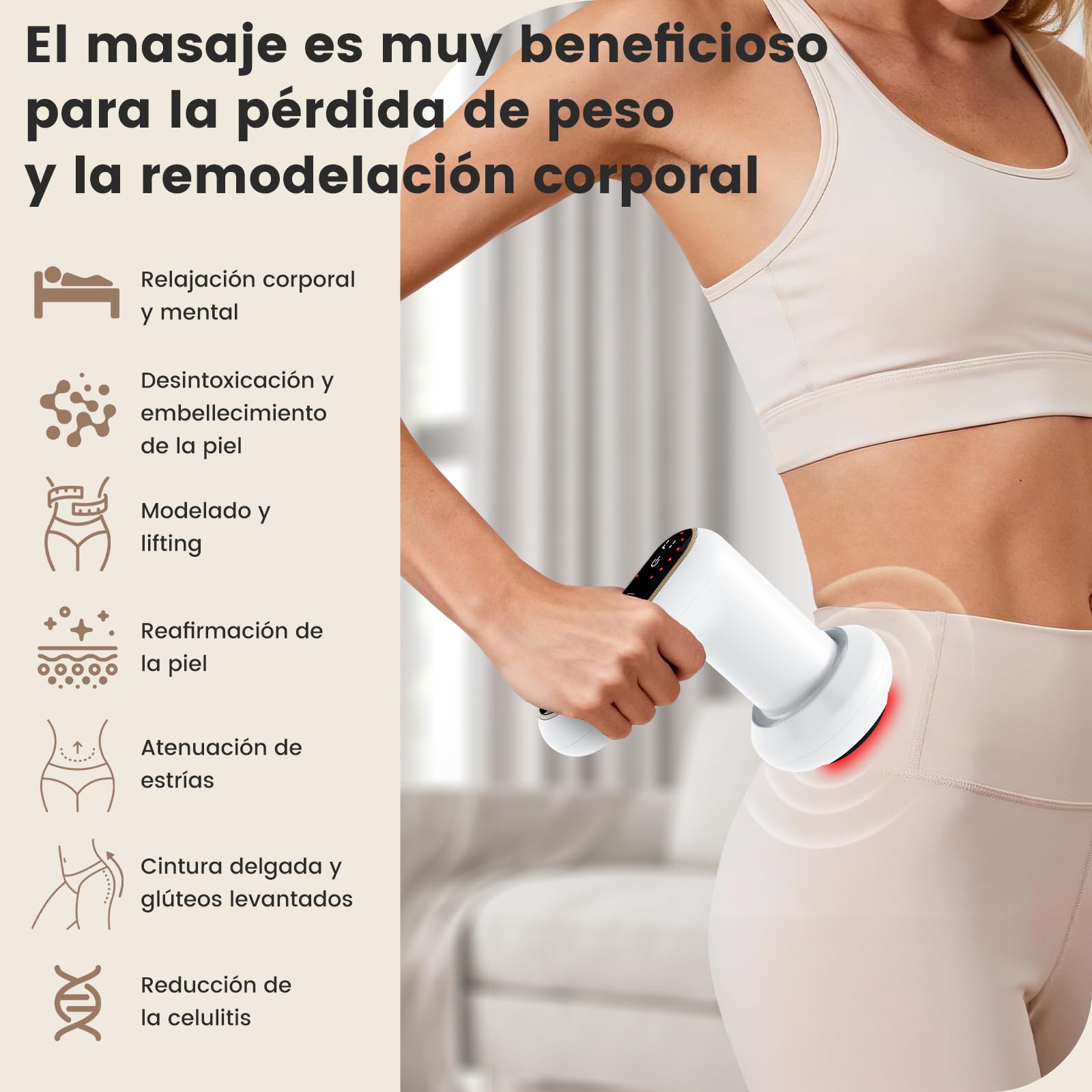 Masajeador Anticelulitico Reductor Eléctrico, Masajeador Lipedema Corporal con 5 Cabezales Intercambiables y 1 Funda de Tela, 6 Niveles de Intensidad y 3 Modos, para Brazos, Abdomen y Piernas
