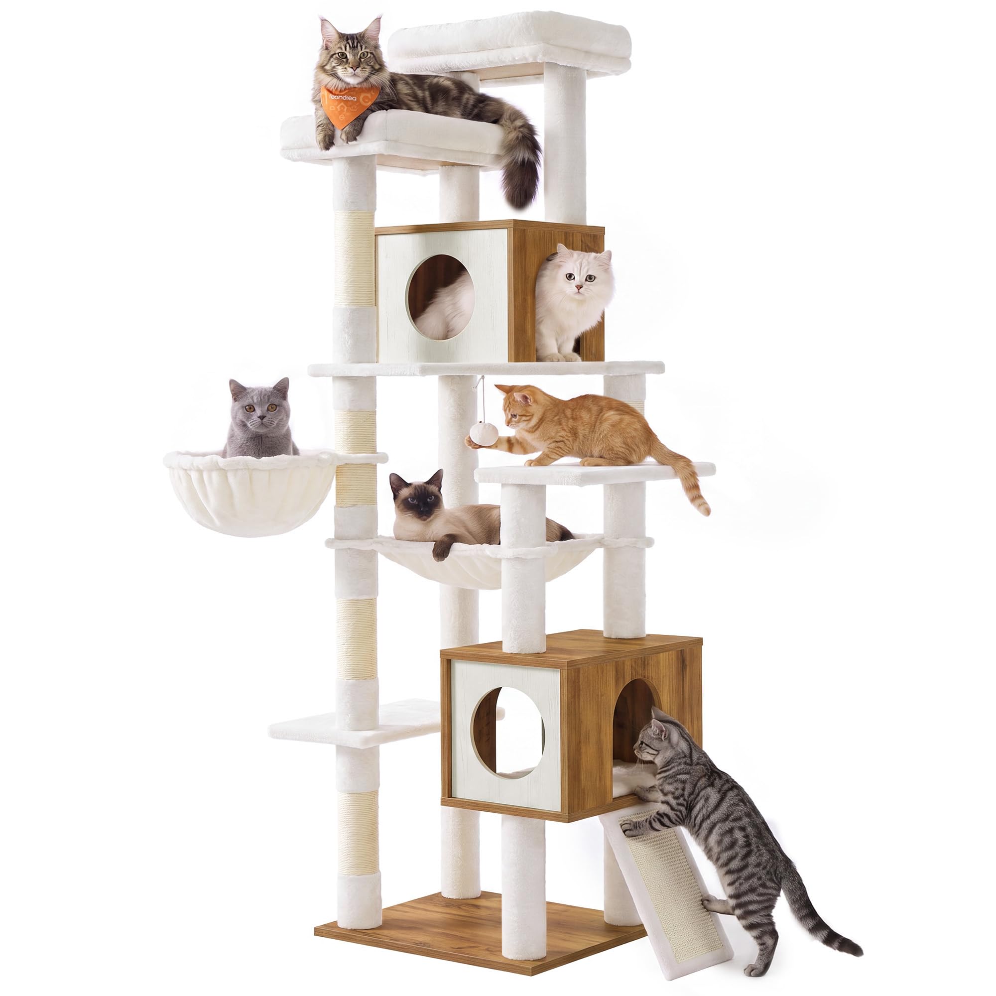 Feandrea Tiragraffi per Gatti, XXL, 191 cm, 8 Livelli, 2 Casette | Giochi per Gatti in Casa, 55 x 45 x 191 cm, Antiribaltamento, Marrone Miele e Bianco Vintage, Collezione Caen, PCT306W201