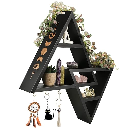 ANROYE Moon Phases Triangle Shelf with Hooks, Wiccan Black Wood Crystal Shelves for Storage Women Jewelry Gem Stone, Pagan Pyramid Geometrical Decor Holder Display for Altar Meditation
