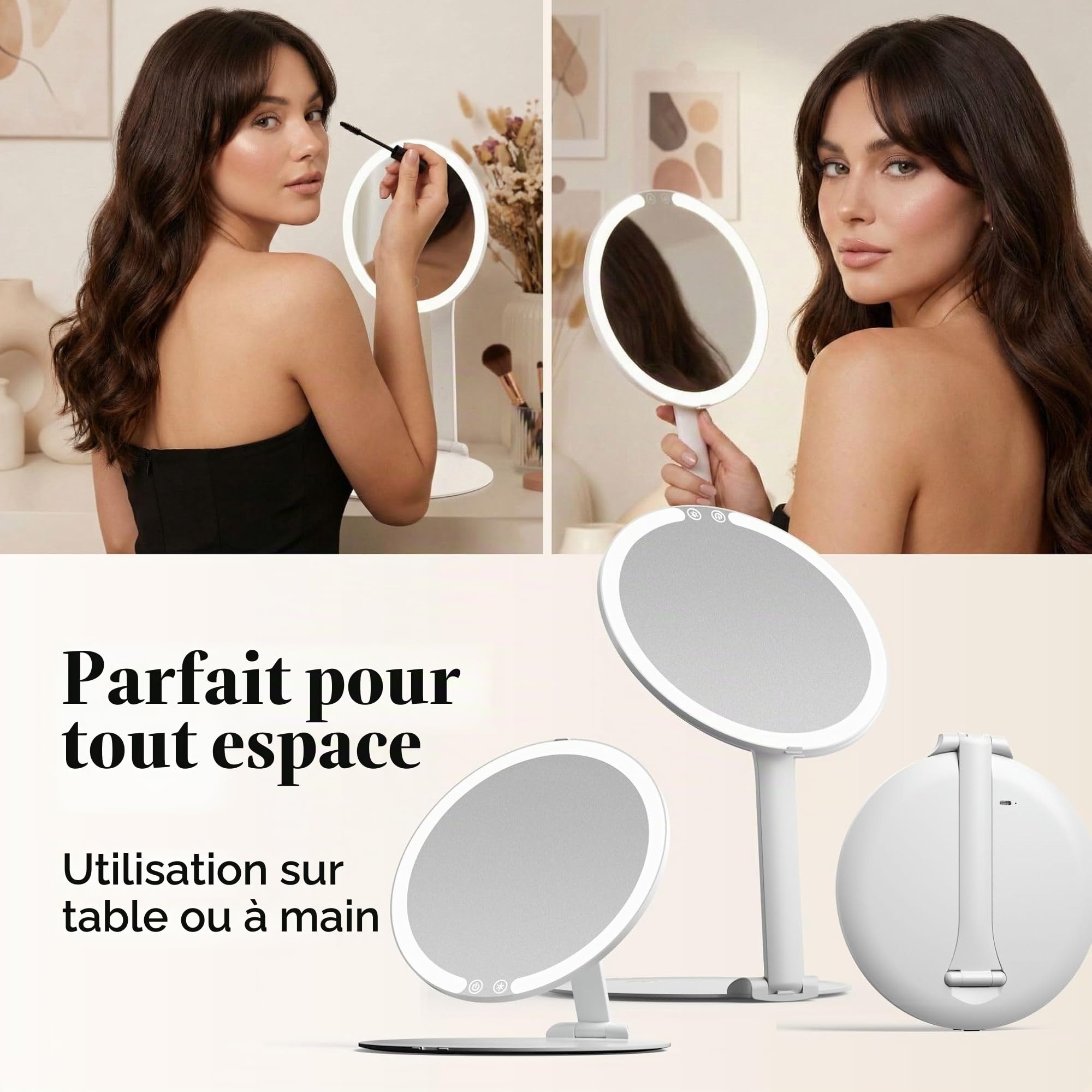 Fancii Miroir de Maquillage Lumineux de Voyage Rechargeable - Support Pliable 20cm, Éclairage 3 Couleurs, Portable, Cosmétique LED, Abigail (Blanc)