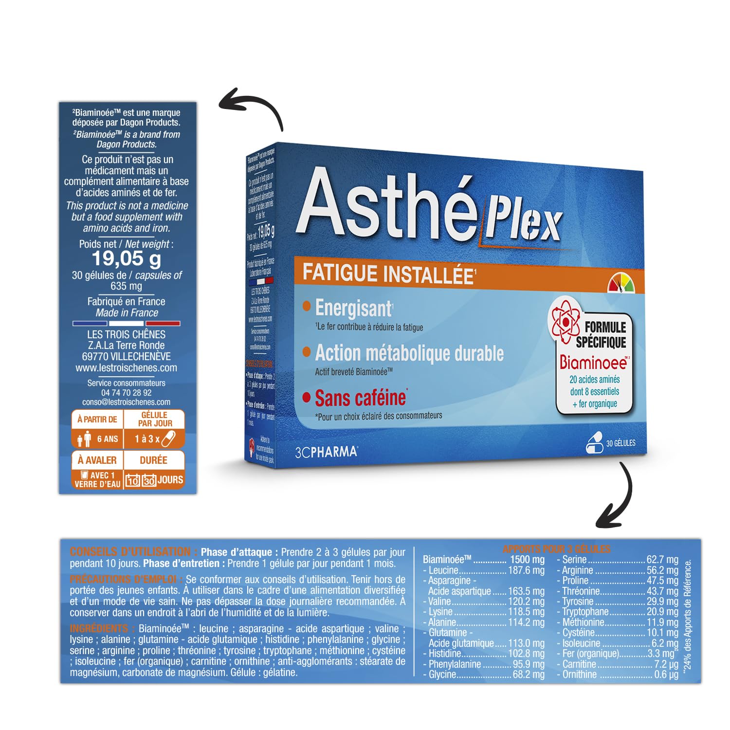 3C Pharma - Asthéplex 30 Gélules - Énergie Fatigue Fer Acides Aminés