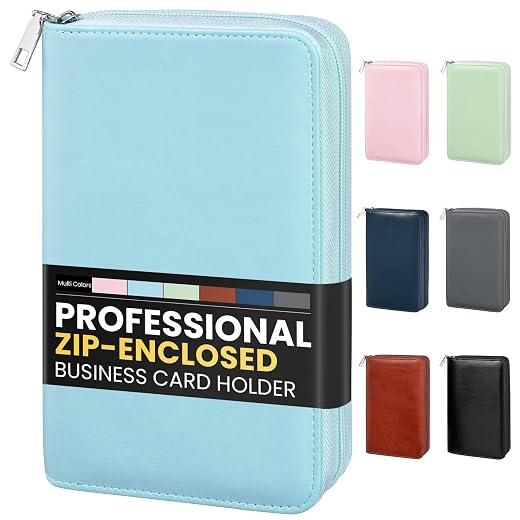 Sooez Zip-Enclosed Business Card Holder Organizer, Professional Credit Card Case Book for Women Men, 240 Capacity, Premium Vegan Leather Gift Card Organizer Storage, 7.87"×4.92"×1.57", Blue