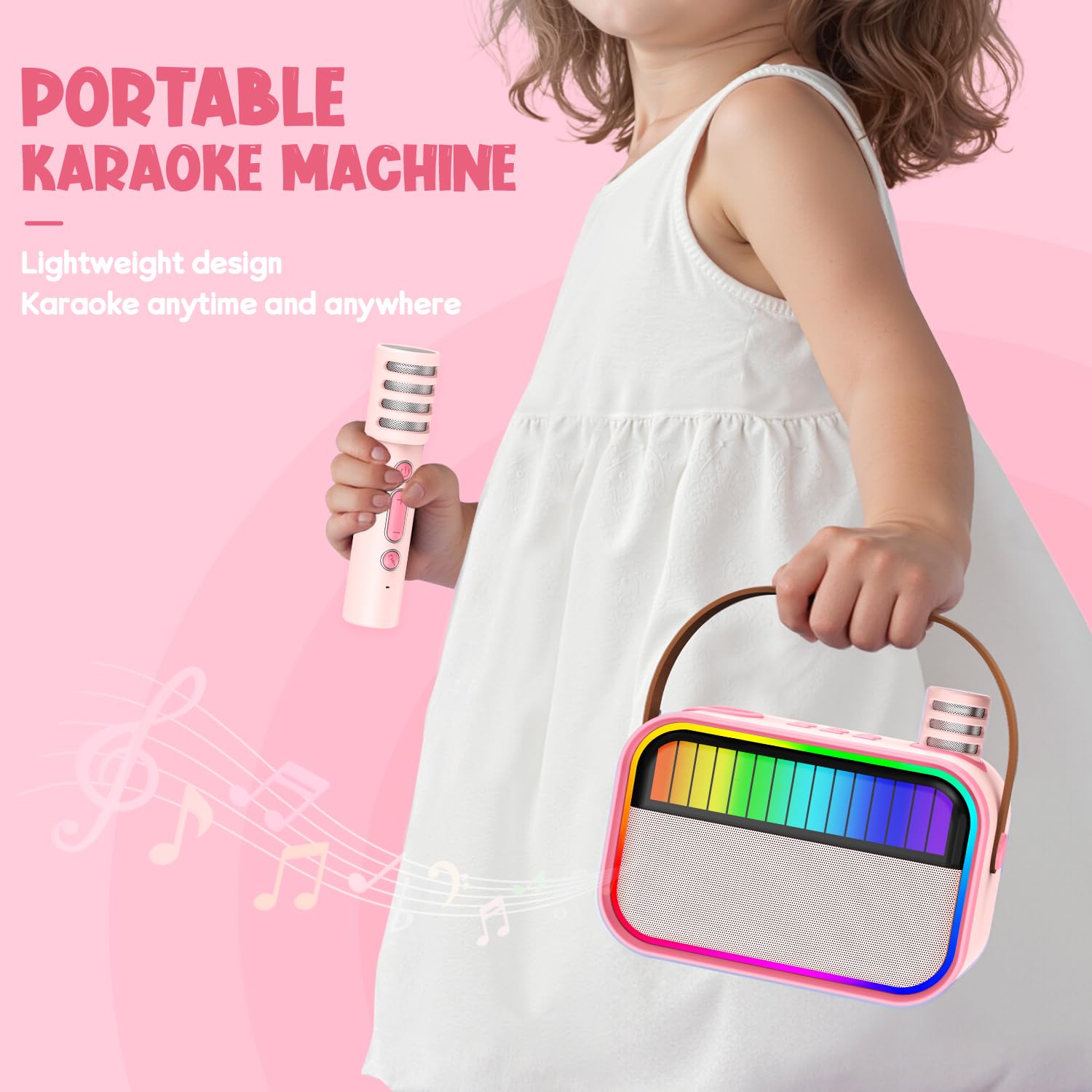 VERKB Karaoke Machine for Kids, Kids Toys for 3-12 Years Old Girls Birthday Presents, Portable Bluetooth Karaoke Speaker with 2 Microphones, Girls Gifts for Kid Party Christmas Birthday(Pink)