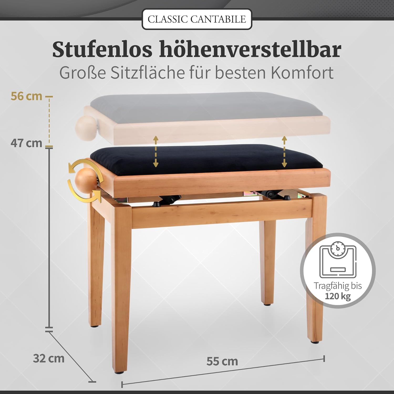 Classic Cantabile Piano Bench Cherry-Bright-Matte (Very Stable Spindle Scissor Mechanism, Height Adjustable from 47-56 cm, Seat 55 x 32 cm)