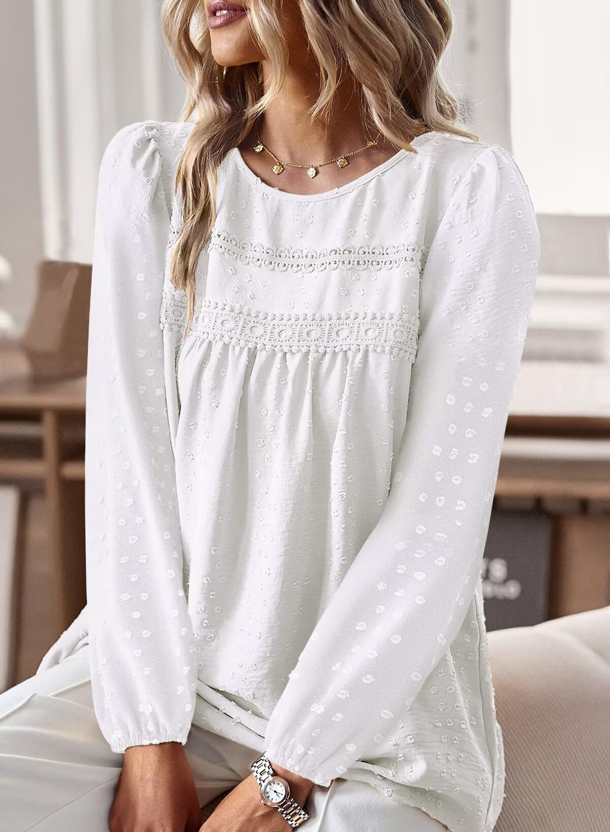 Top Femme Boho Col Rond Chemise Manches Longues Dentelle | Blouse Haut Chic et Élégant Chemise Automne, Tunique à Point Suisse, T-Shirts Mousseline Hauts Décontracté Loose