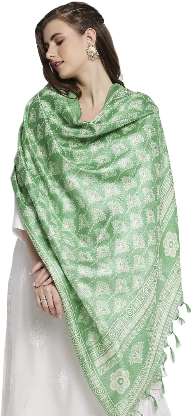 DUPATTA BAZAAR Women's Printed Silk Dupatta Free Green