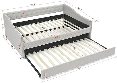 Miniatura 2 de LZ LEISURE ZONE Sofá cama tamaño matrimonial con cama nido tamaño individual, sofá cama tapizado capitoné, con botón en la parte trasera y clavos de