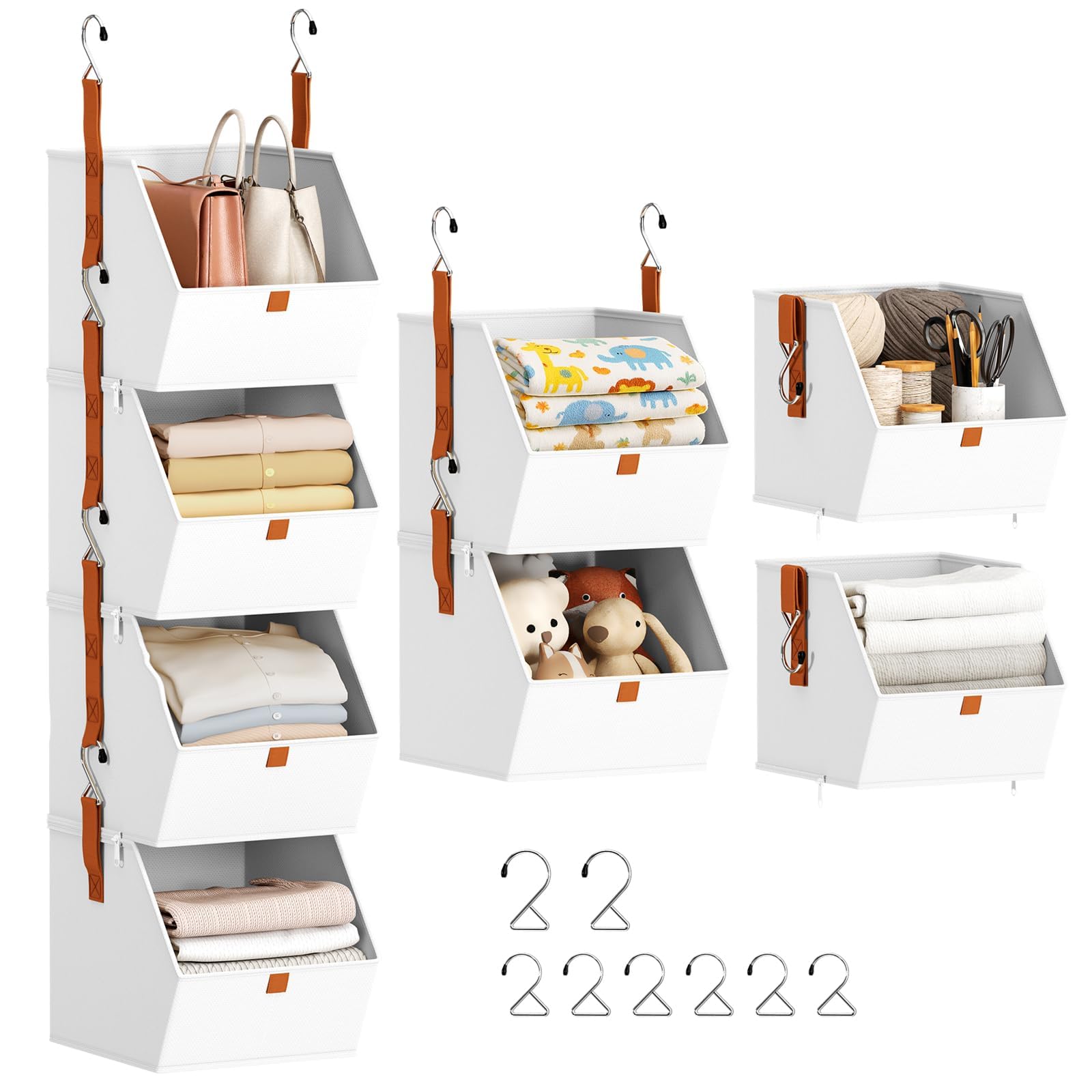 DIMJ Hanging Wardrobe Organiser 4 Tier - Clothes Hanging Shelves, Space-Saving Closet System, Fabric Storage Bins Bedroom Organization, Collapsible Baskets for Home, Dorm, Rv, White