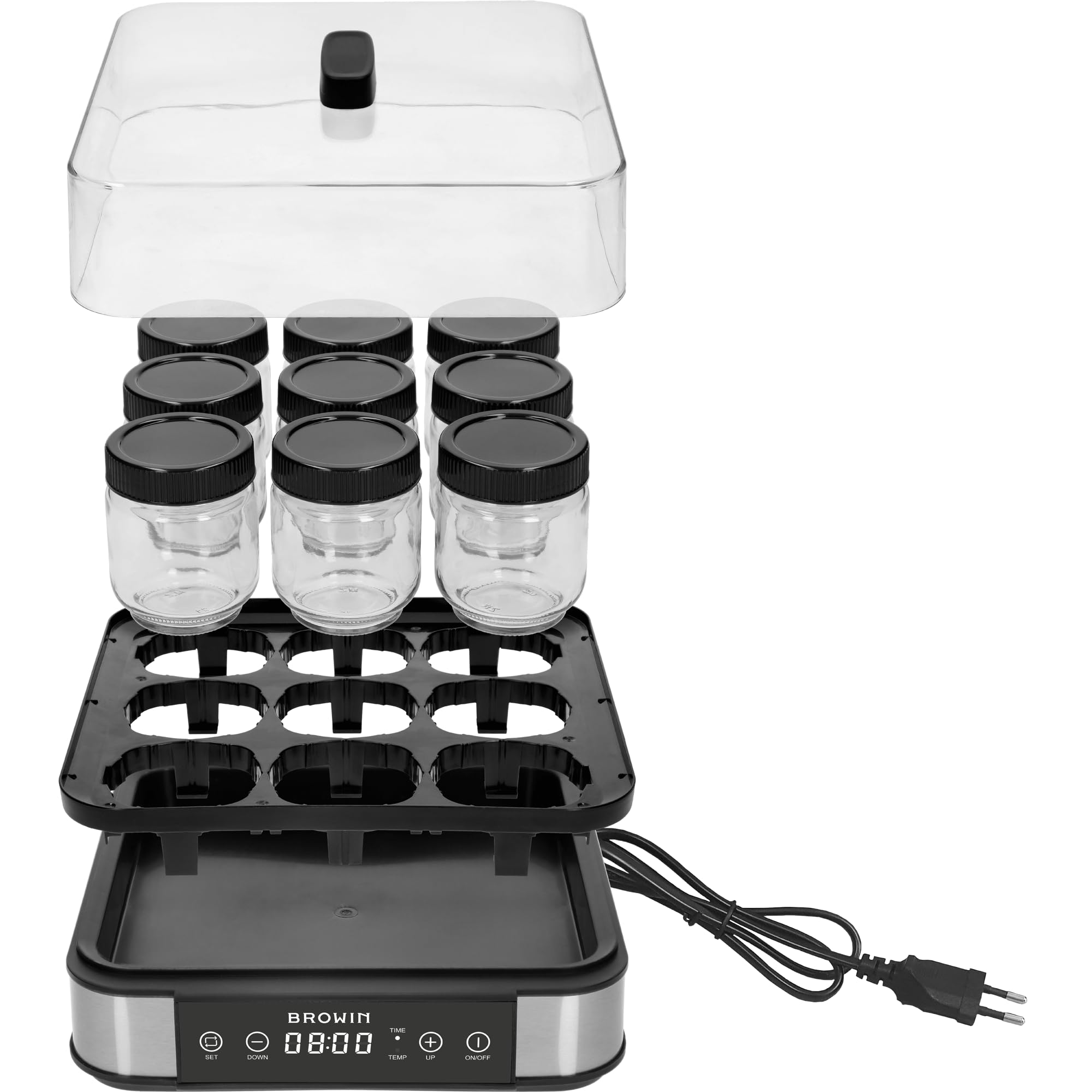 BROWIN Joghurt-Maker mit Thermostat, Joghurtbereiter mit 1,6 l Fassungsvermögen, 9 Gläser, Weiß | Temperaturbereich: 25-65°C | ür selbstgemachten Joghurt, enthält 9 Joghurtgläser mit Deckel