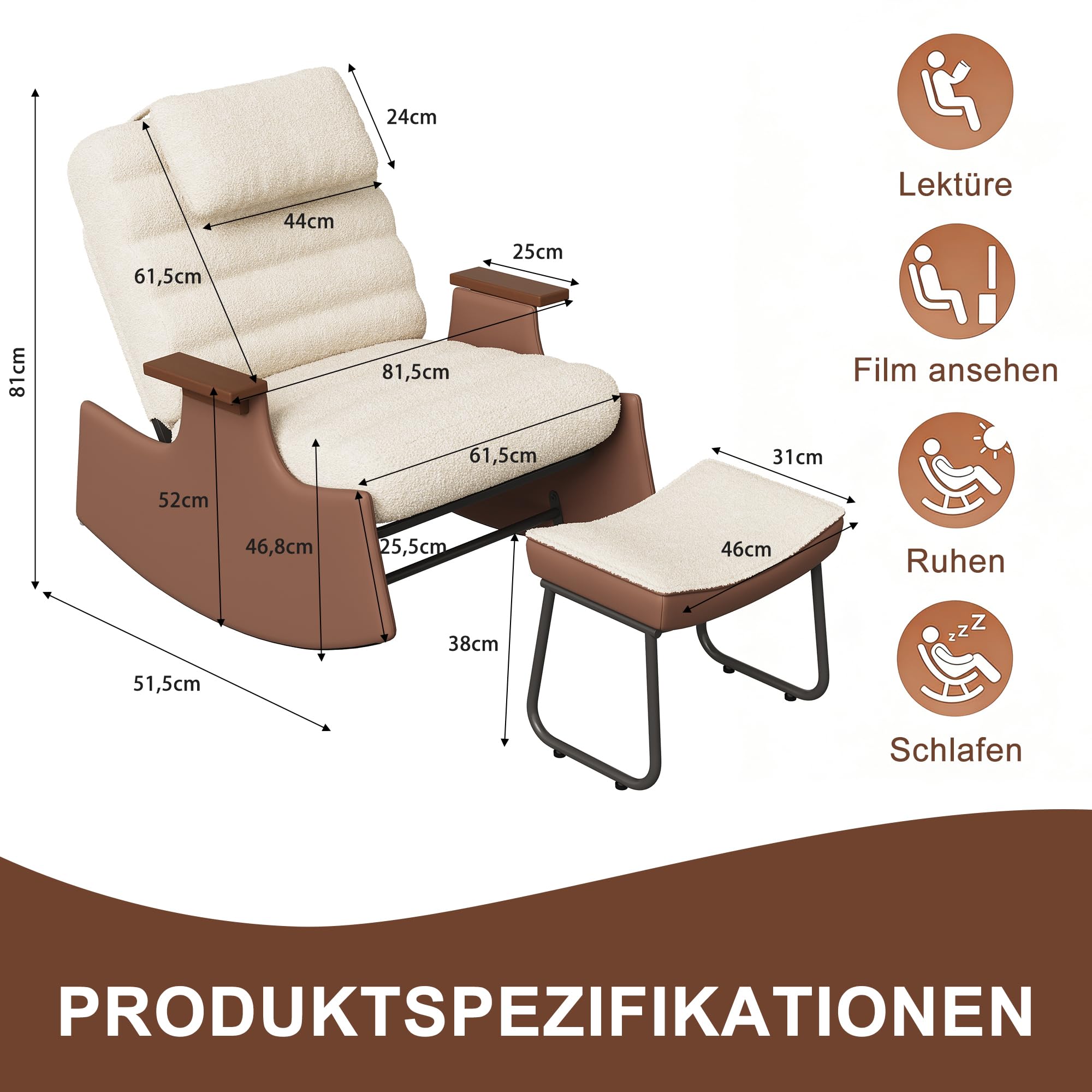 Silla mecedora con reposapiés, silla de relax para sala de estar con reposabrazos de hierro y respaldo ajustable, mecedora con reposapiés, silla silenciosa para dormitorio, jardín, terraza (Bigh-B)